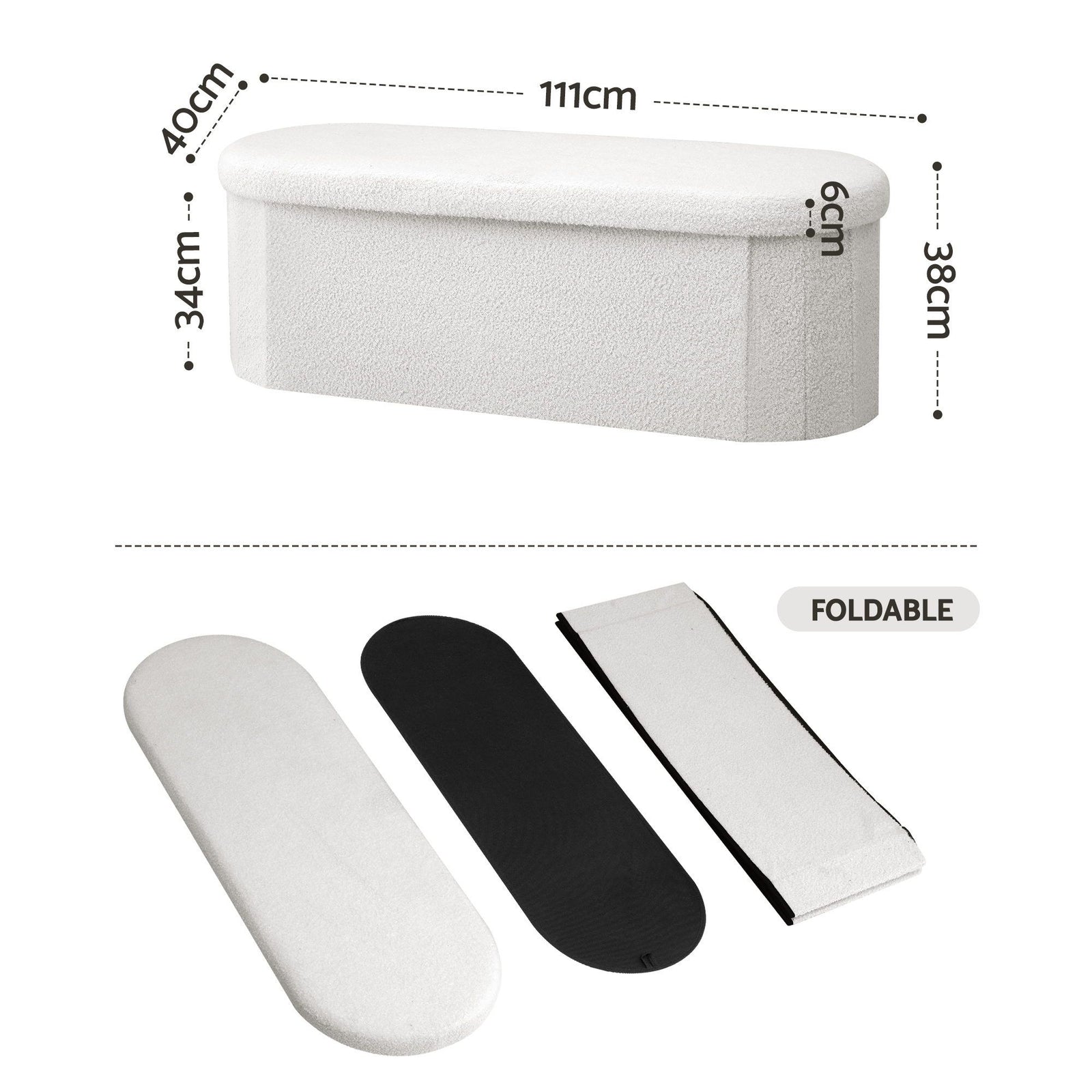 Artiss Storage Ottoman Footstool – White Bouclé, Foldable, Hidden Storage, 150kg