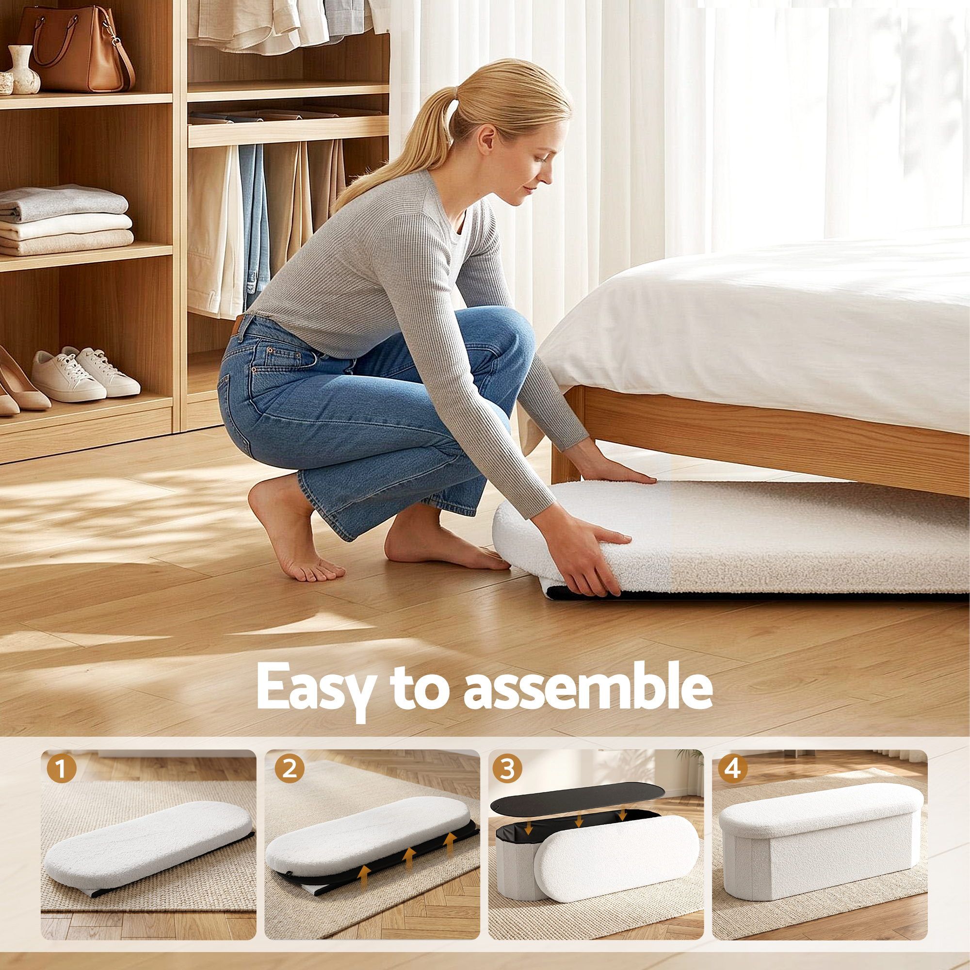 Storage Ottoman Footstool – White Bouclé, Foldable, Hidden Storage, 150kg
