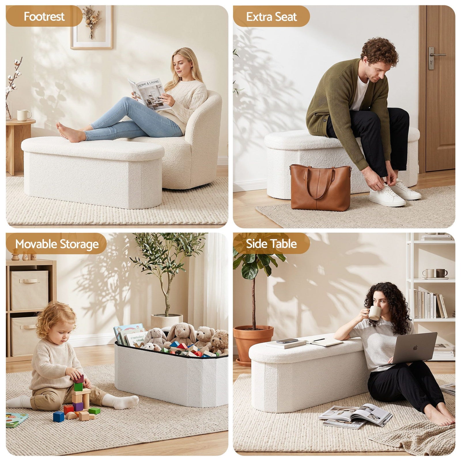 Artiss Storage Ottoman Footstool – White Bouclé, Foldable, Hidden Storage, 150kg