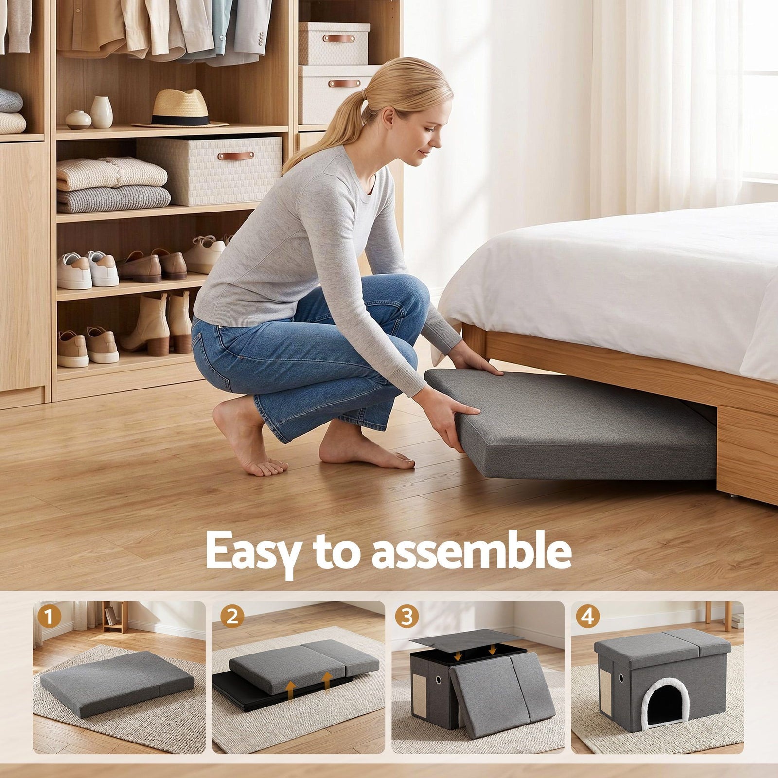 Storage Ottoman Foot Stool Cat Litter Box Enclosure Foldable Grey