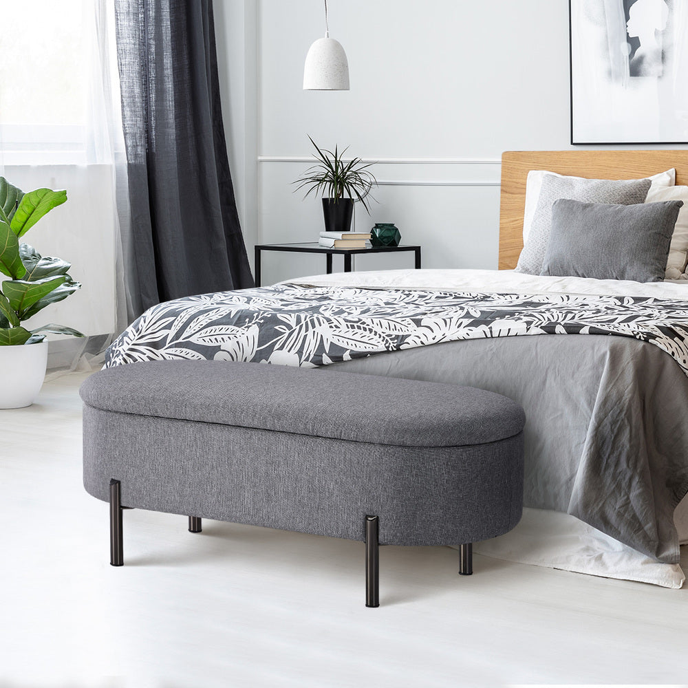 Oikiture Storage Ottoman Bench Oval Blanket Linen Grey