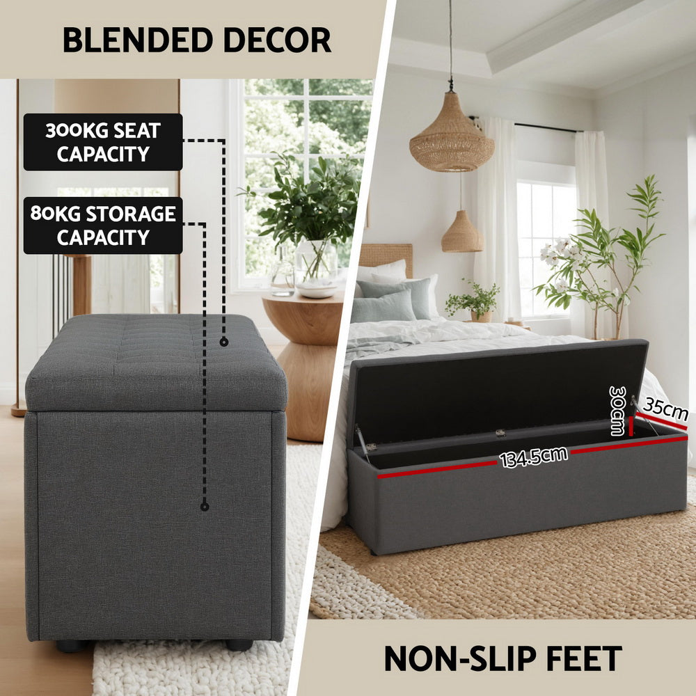 Artiss Extra Long Storage Ottoman 140cm Bench Seat Faux Linen Grey