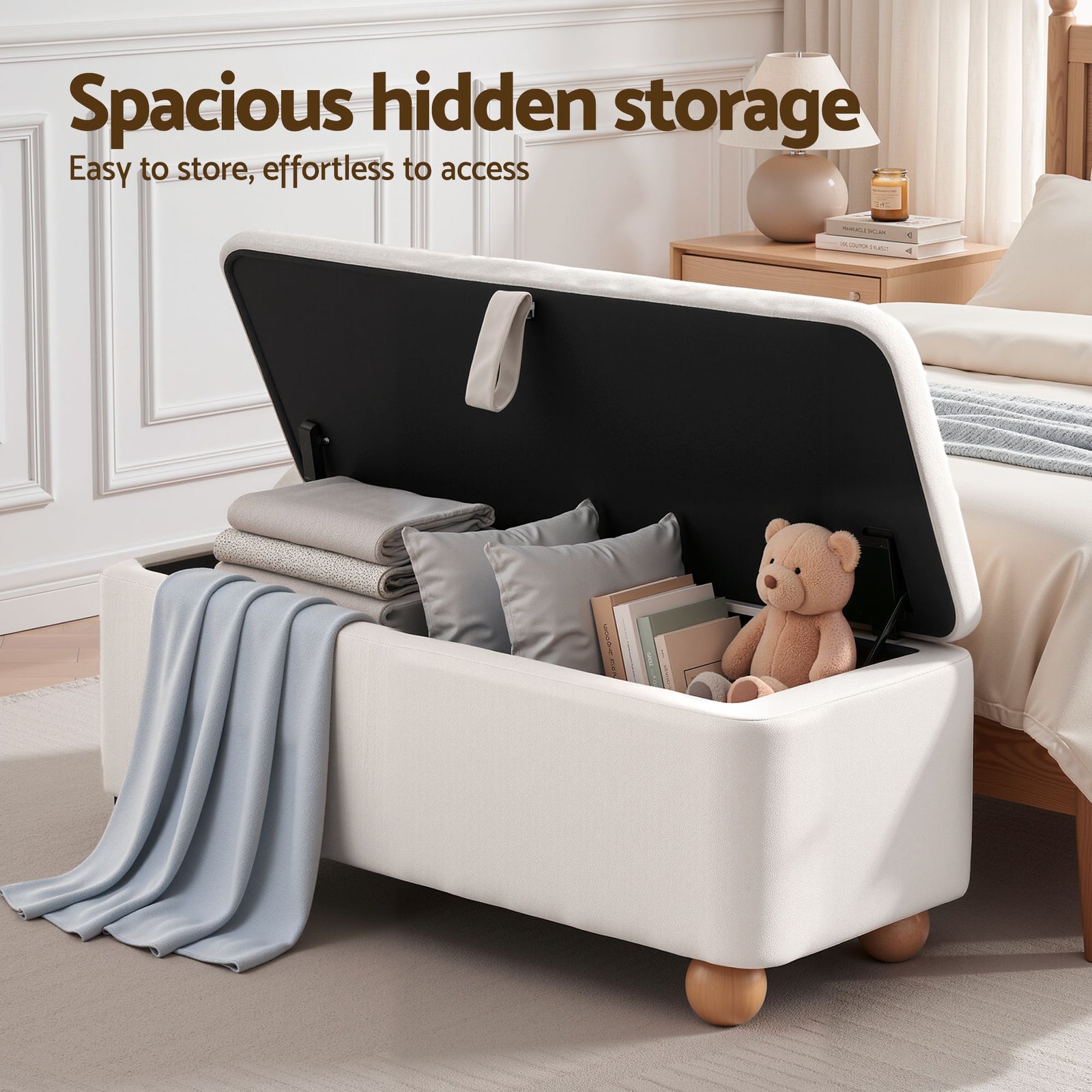 Artiss Storage Ottoman Hidden Bench, Velvet, 150kg Capacity, Beige, 97cm