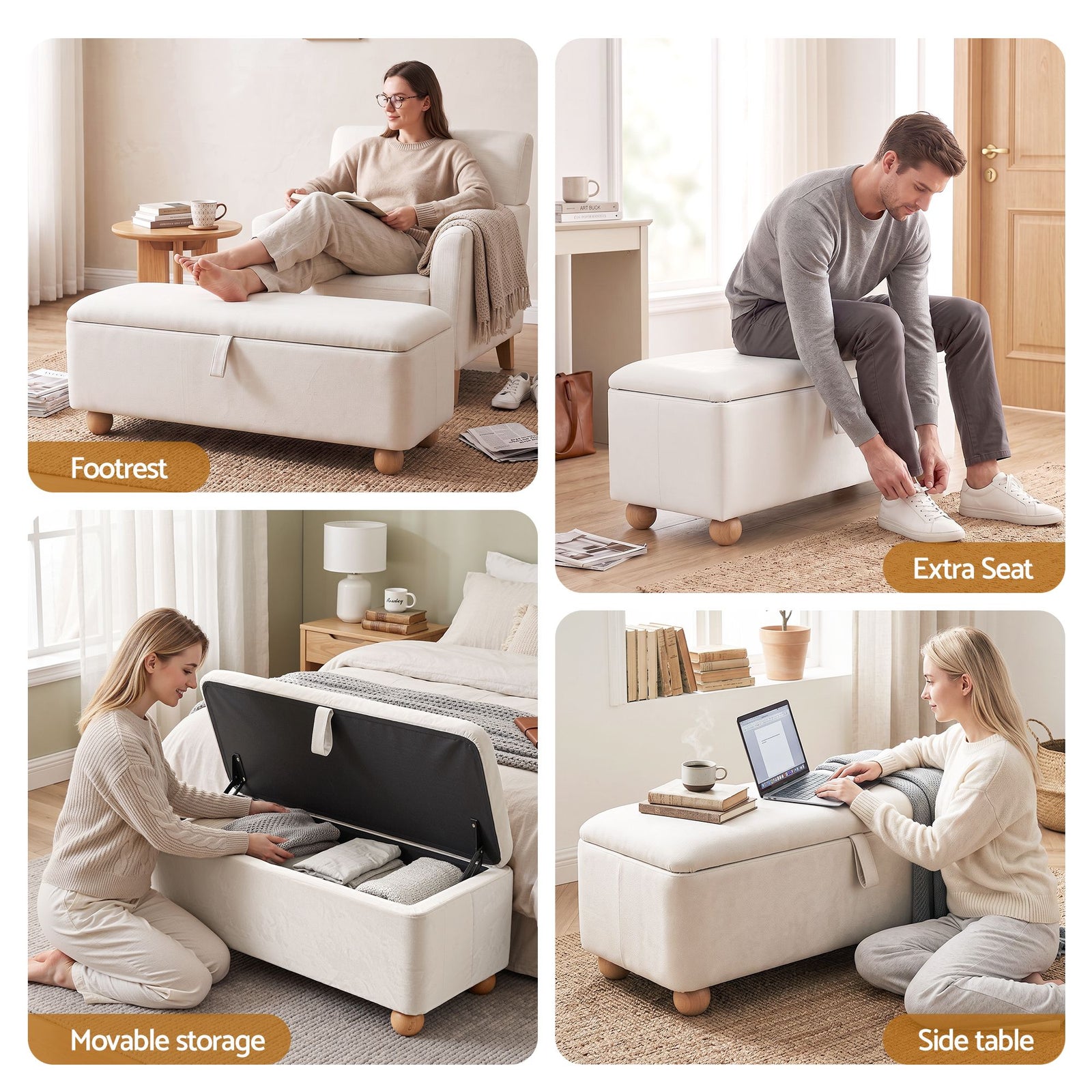 Artiss Storage Ottoman Hidden Bench, Velvet, 150kg Capacity, Beige, 97cm