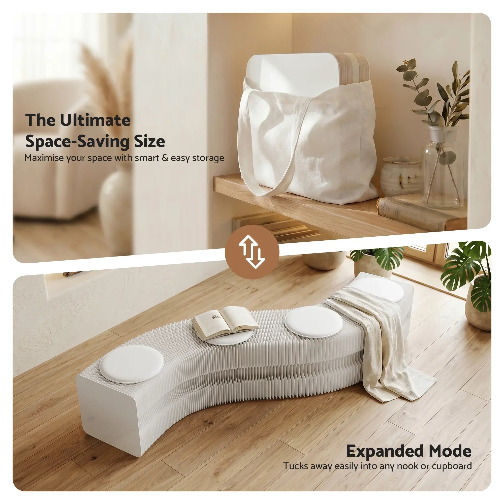 Folding Paper Bench With 4 PU Leather Seat Pads Expandable Accordion Stool For 4 Seats