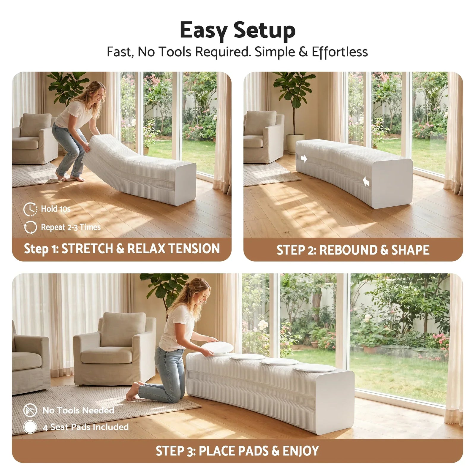 Artiss Folding Paper Bench With 4 PU Leather Seat Pads Expandable Accordion Stool For 4 Seats