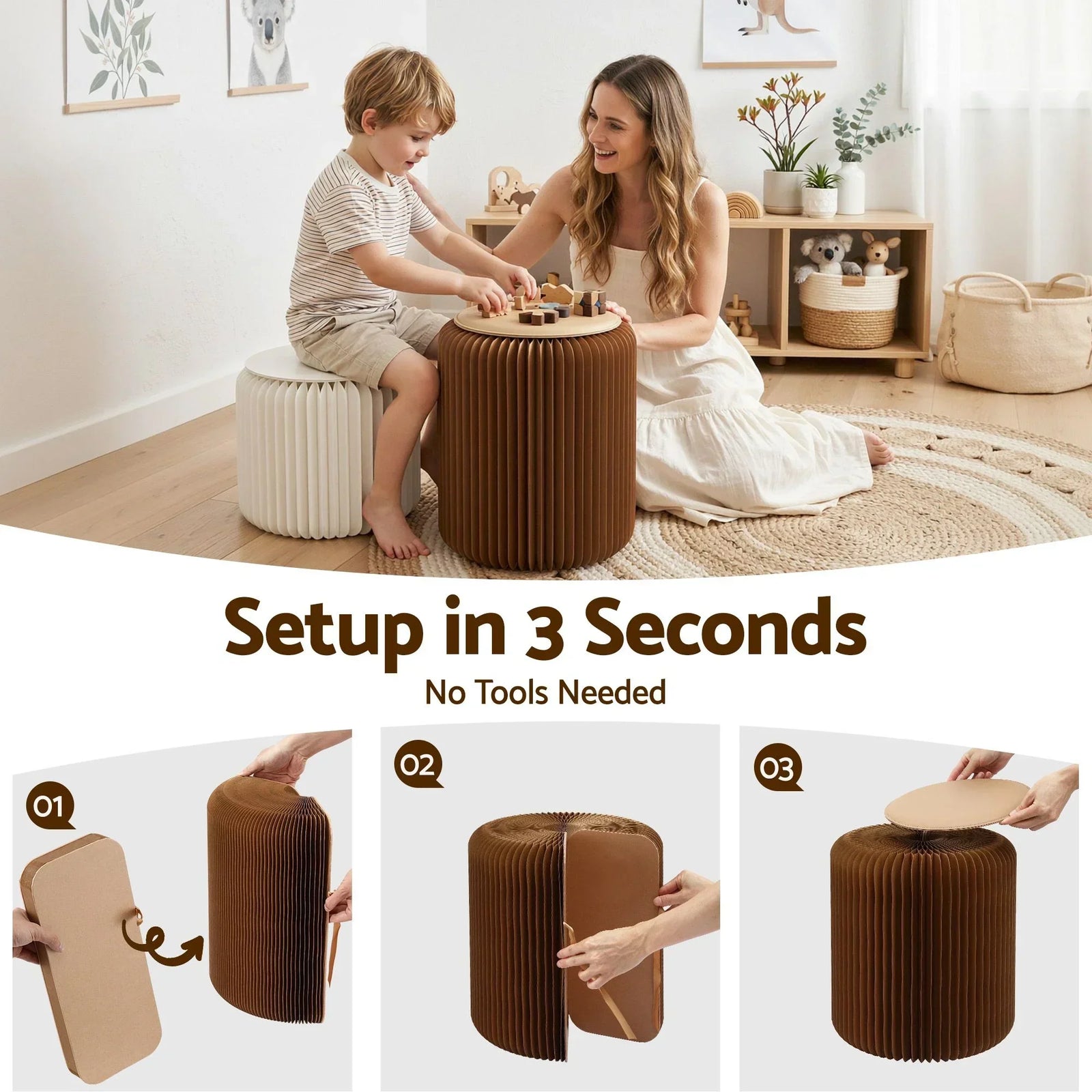 Accordion Folding Paper Stool Set – 2‑Piece, Honeycomb Design, 100kg Load