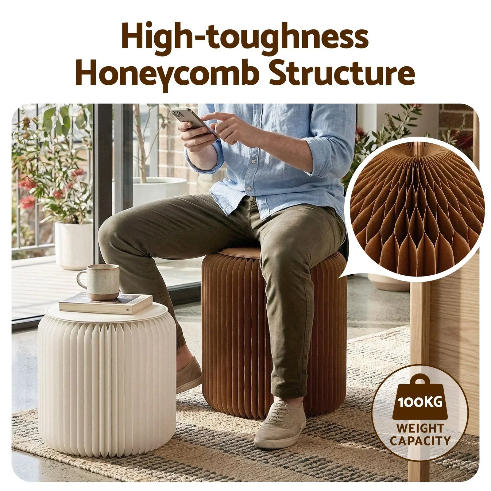 Accordion Folding Paper Stool Set – 2‑Piece, Honeycomb Design, 100kg Load