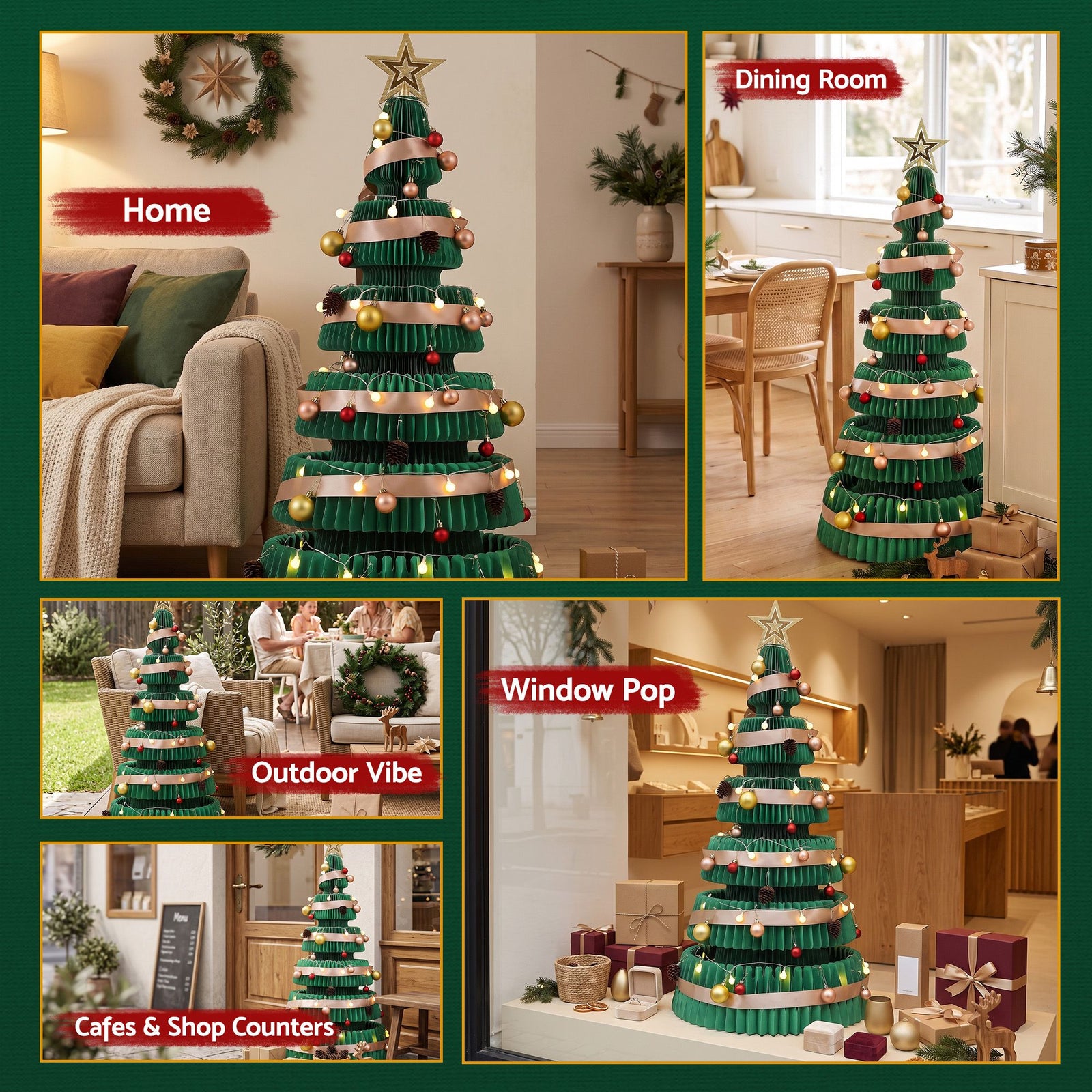 Jingle Jollys Paper Christmas Tree 111CM w/ Star Topper LEDs Xmas Decorations Kit Home Office Green