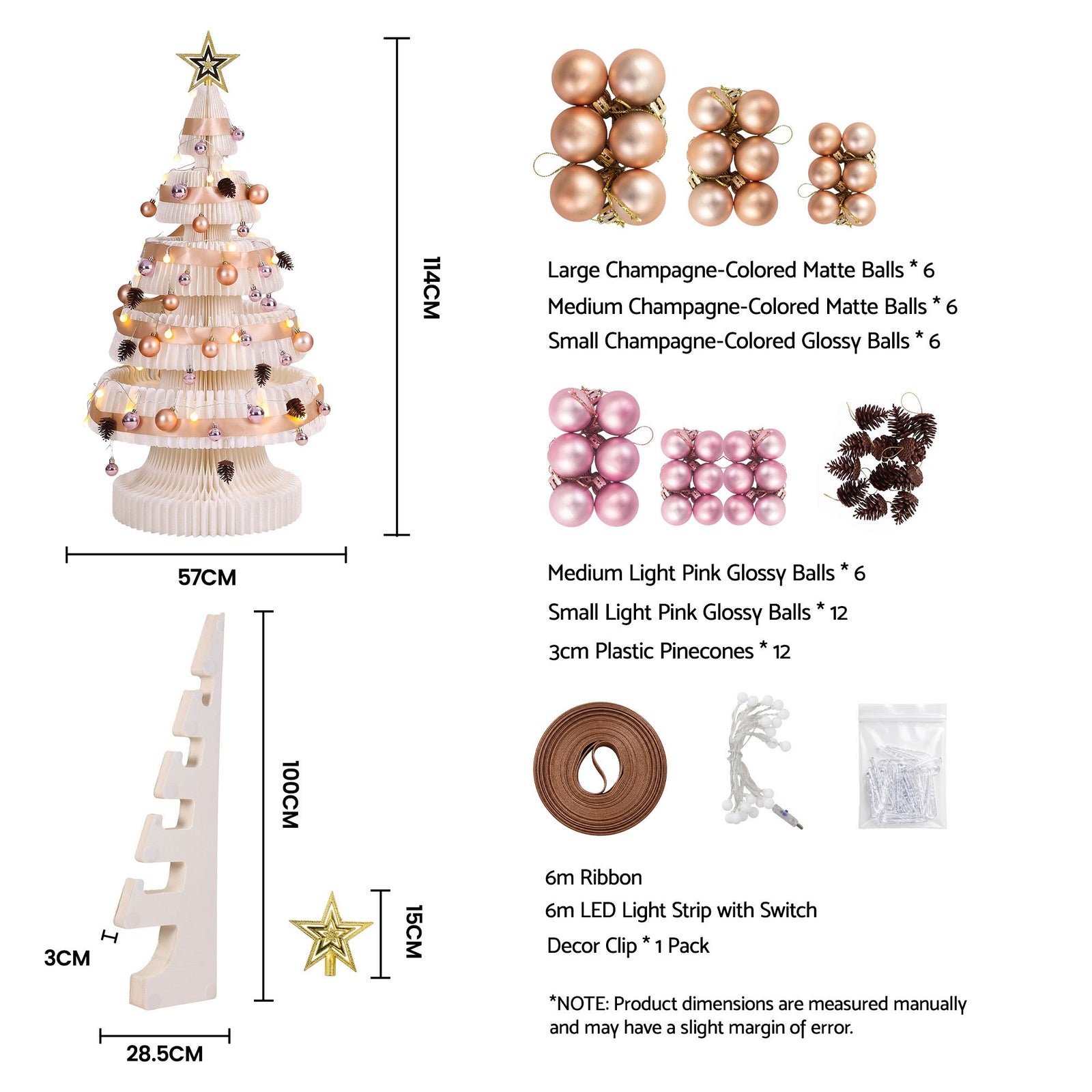 Paper Christmas Tree 114cm with Star Topper LEDs Xmas Decoration White