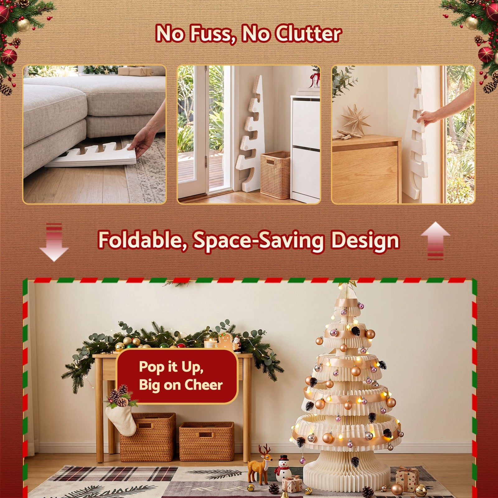 Paper Christmas Tree 114cm with Star Topper LEDs Xmas Decoration White