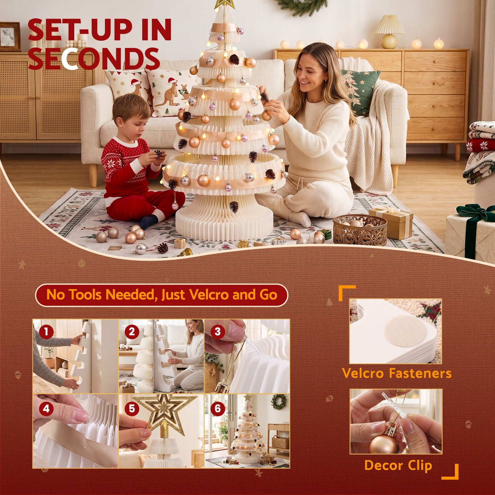 Paper Christmas Tree 114cm with Star Topper LEDs Xmas Decoration White