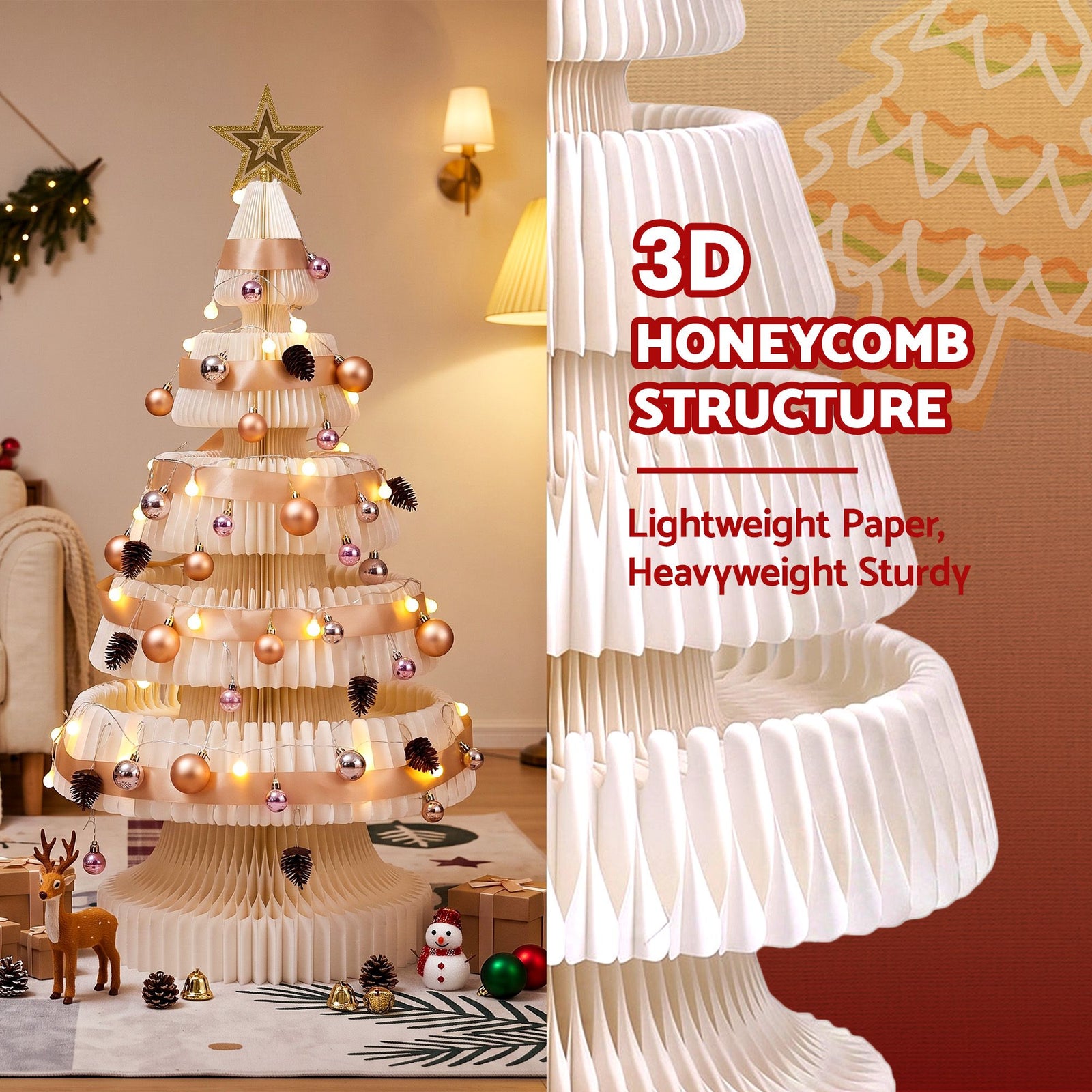 Paper Christmas Tree 114cm with Star Topper LEDs Xmas Decoration White