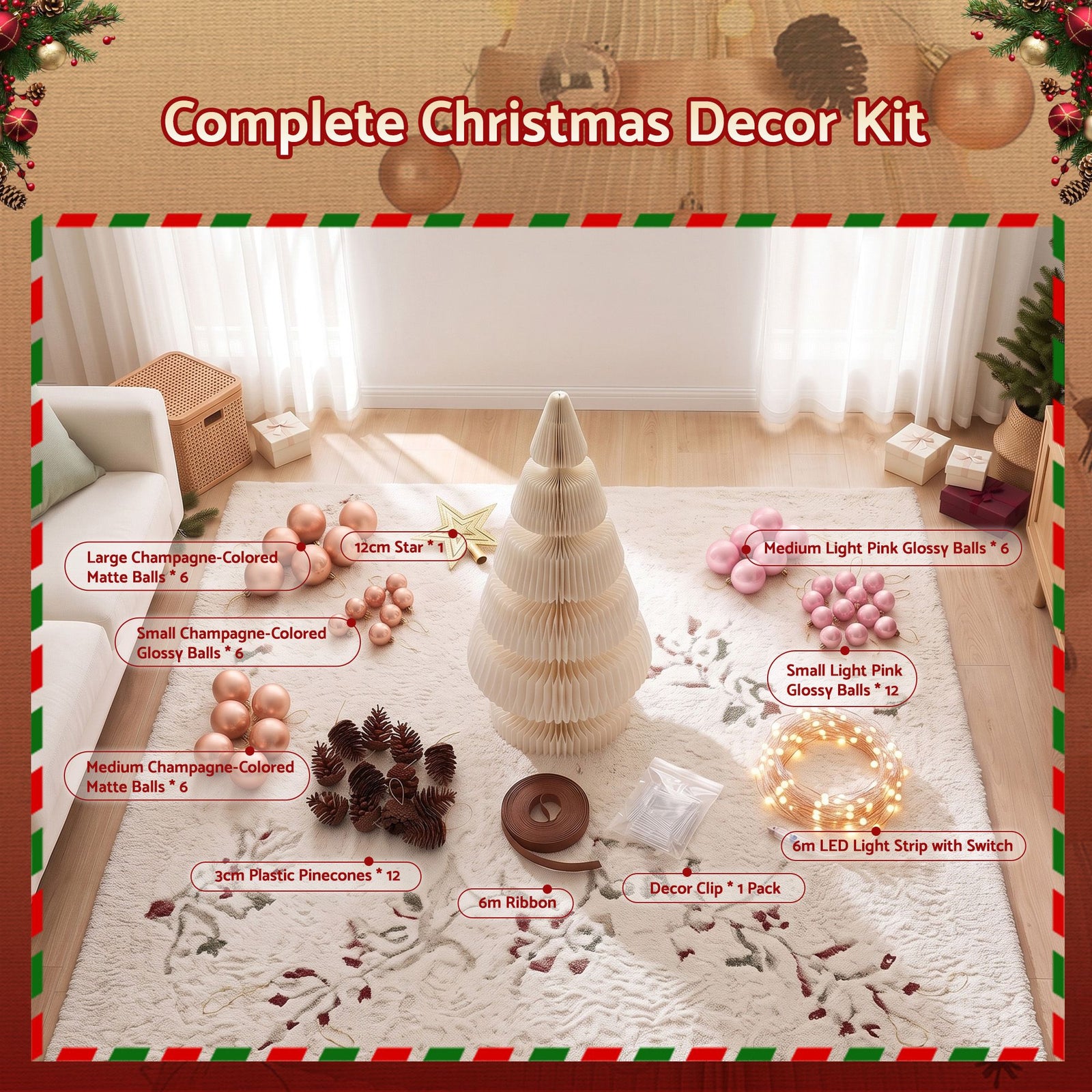 Paper Christmas Tree 114cm with Star Topper LEDs Xmas Decoration White