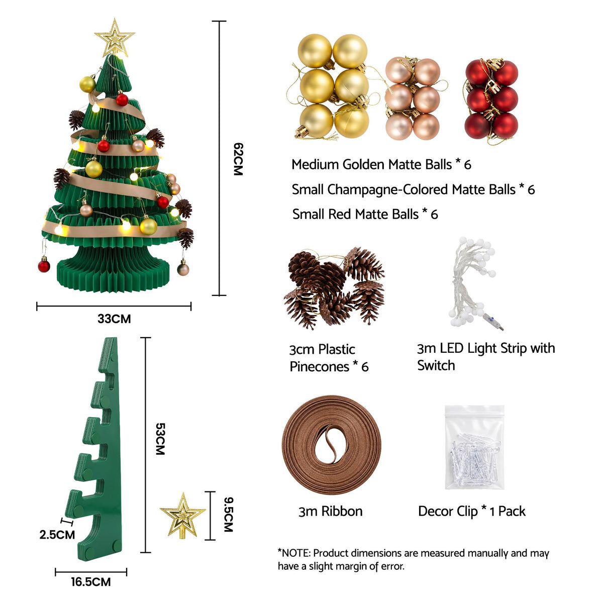 Paper Christmas Tree 62cm with Star Topper LEDs Xmas Decoration Green Set