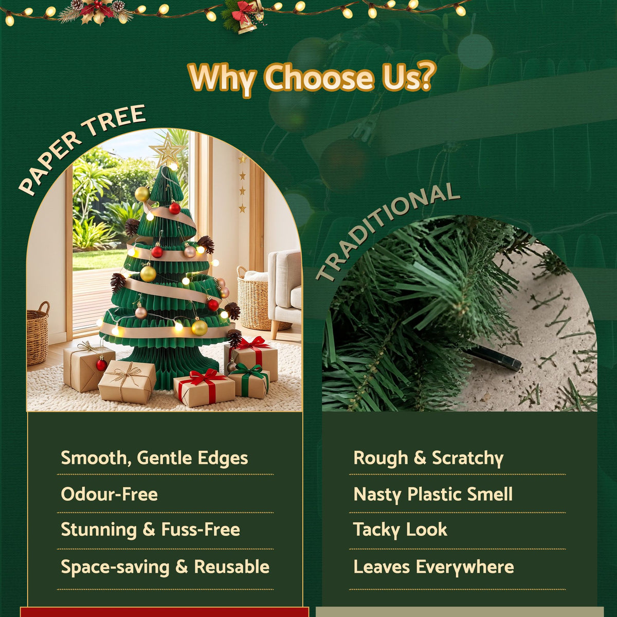 Paper Christmas Tree 62cm with Star Topper LEDs Xmas Decoration Green Set