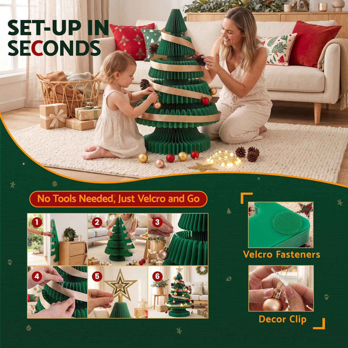 Paper Christmas Tree 62cm with Star Topper LEDs Xmas Decoration Green Set