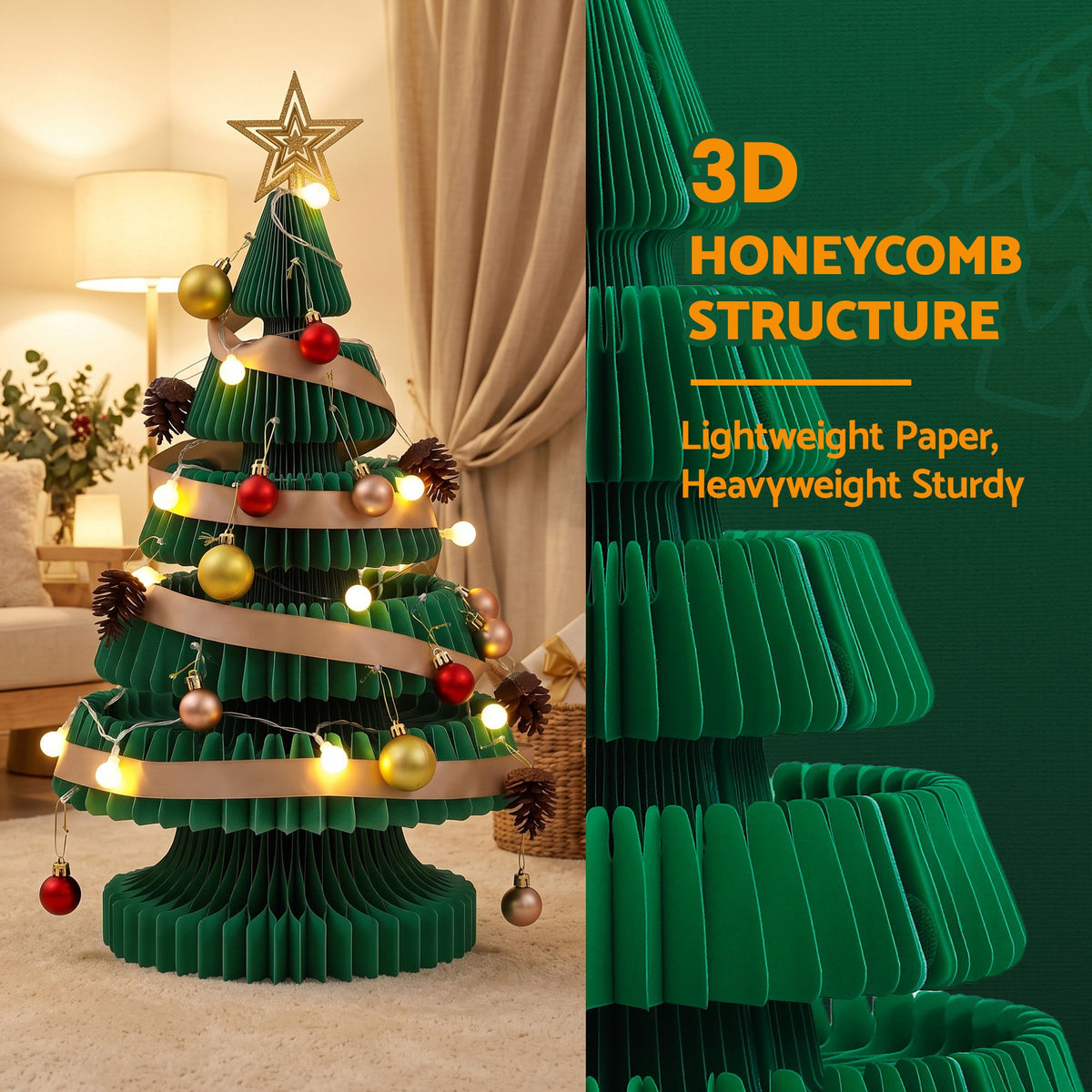 Paper Christmas Tree 62cm with Star Topper LEDs Xmas Decoration Green Set