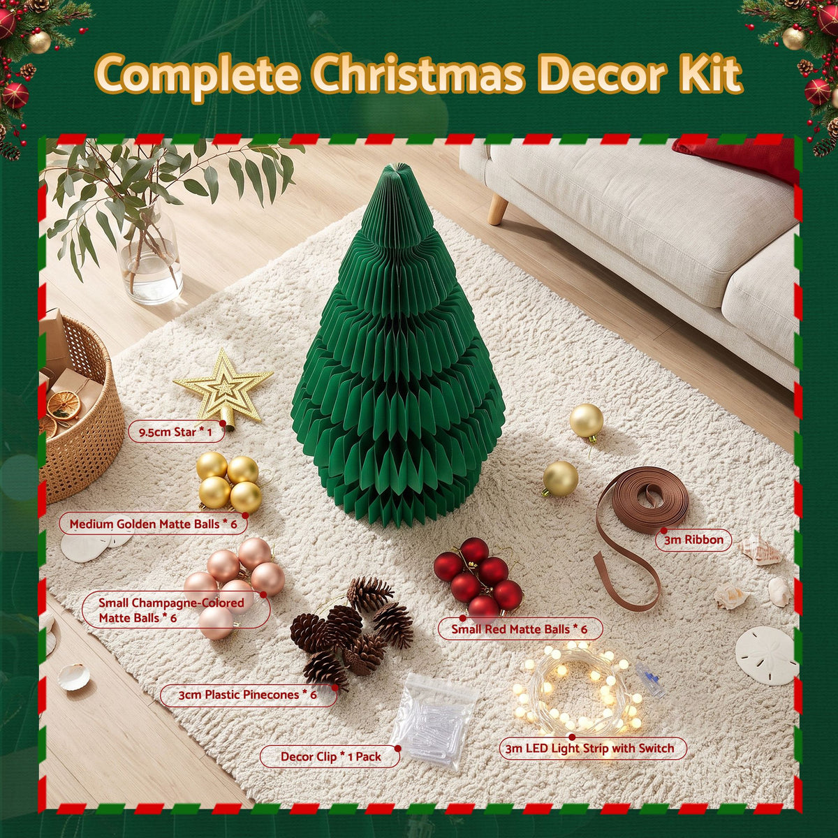 Paper Christmas Tree 62cm with Star Topper LEDs Xmas Decoration Green Set