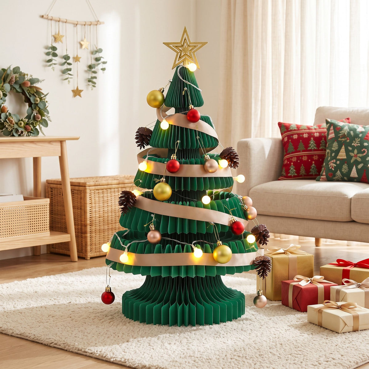 Paper Christmas Tree 62cm with Star Topper LEDs Xmas Decoration Green Set