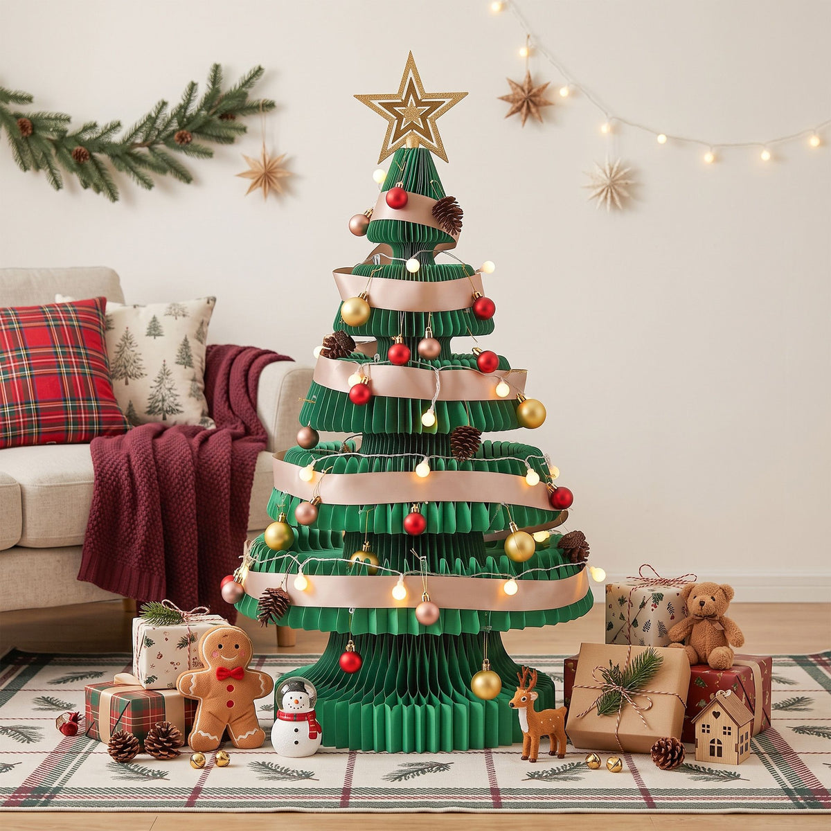 Paper Christmas Tree 87cm with Star Topper LEDs Xmas Decoration Green Set