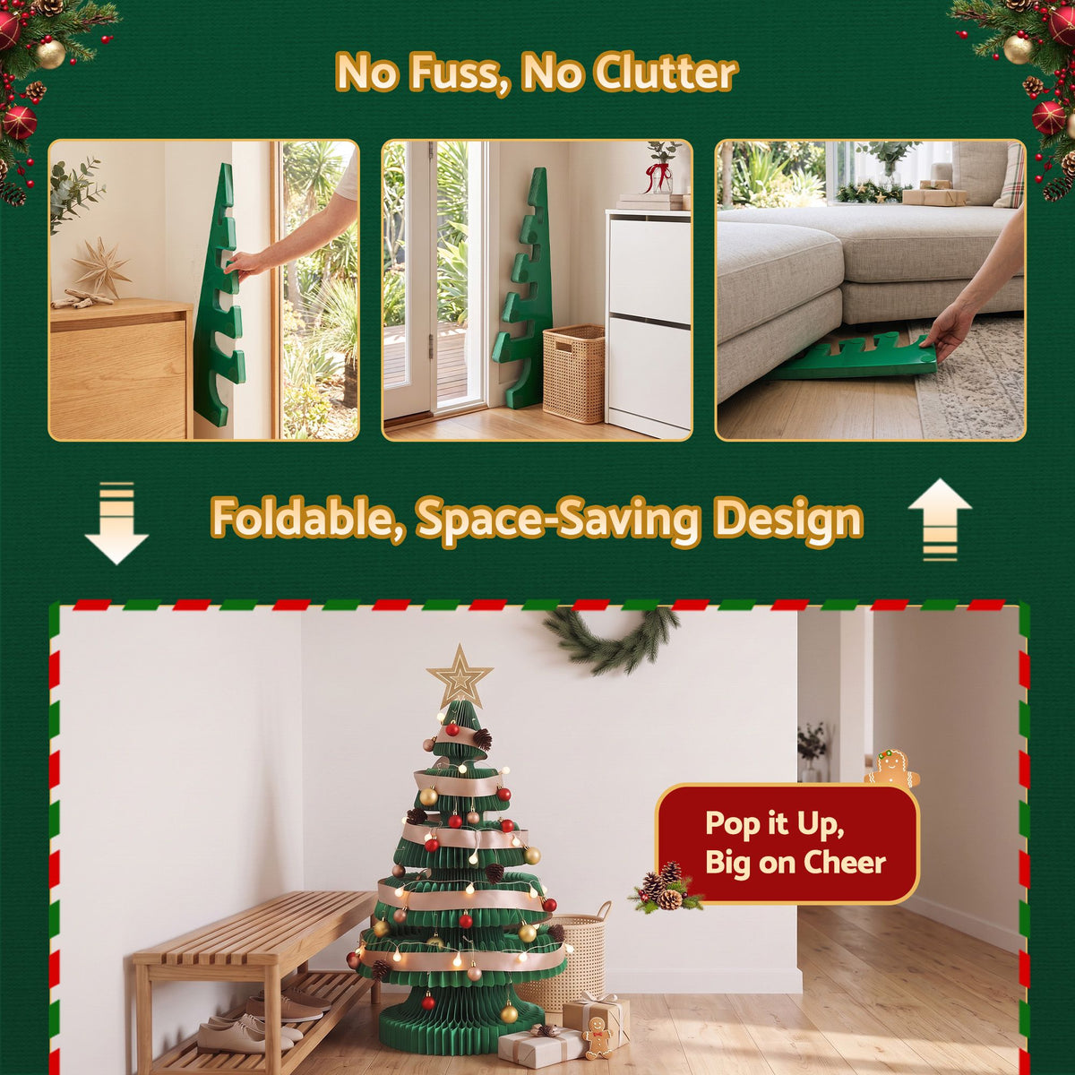Paper Christmas Tree 87cm with Star Topper LEDs Xmas Decoration Green Set