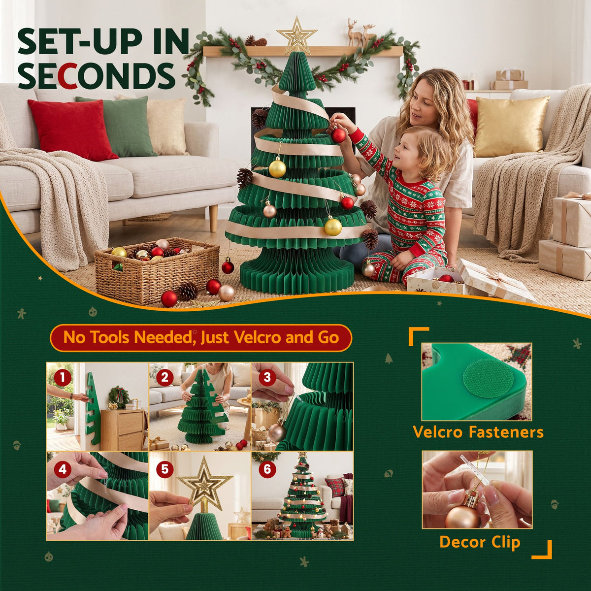 Paper Christmas Tree 87cm with Star Topper LEDs Xmas Decoration Green Set