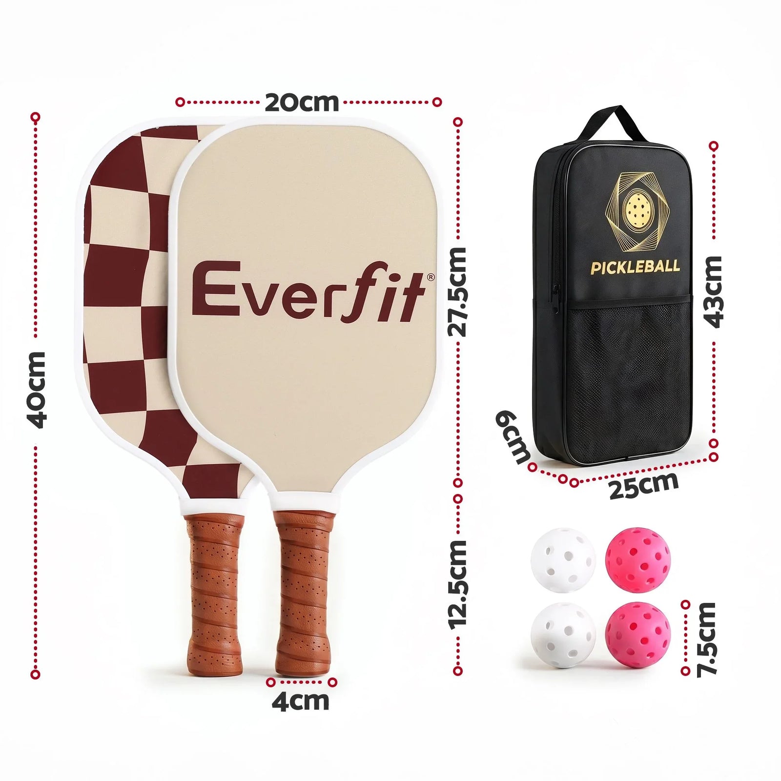 Pickleball Paddle Set Fibreglass Racquet Honeycomb Core With Bag Brown
