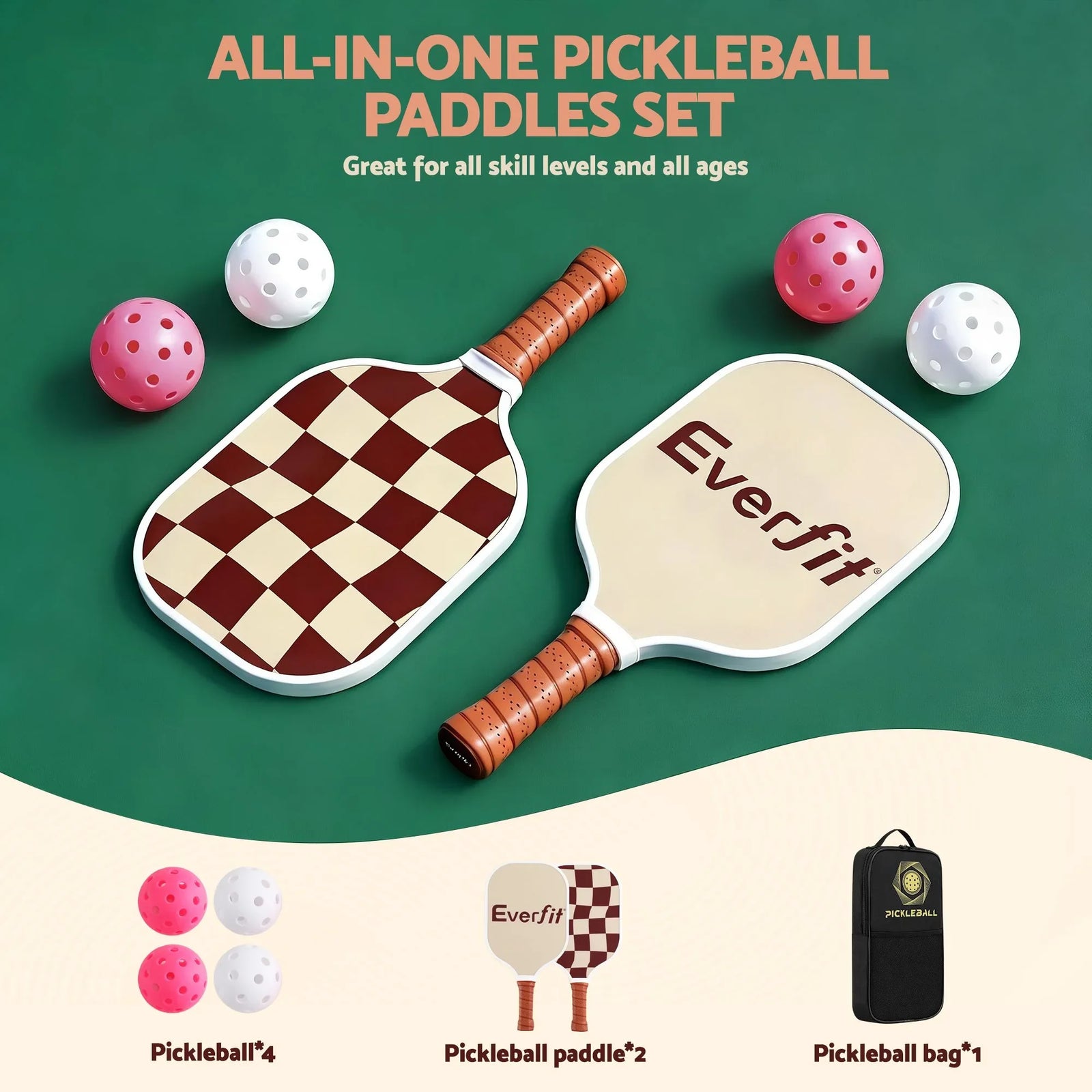 Pickleball Paddle Set Fibreglass Racquet Honeycomb Core With Bag Brown