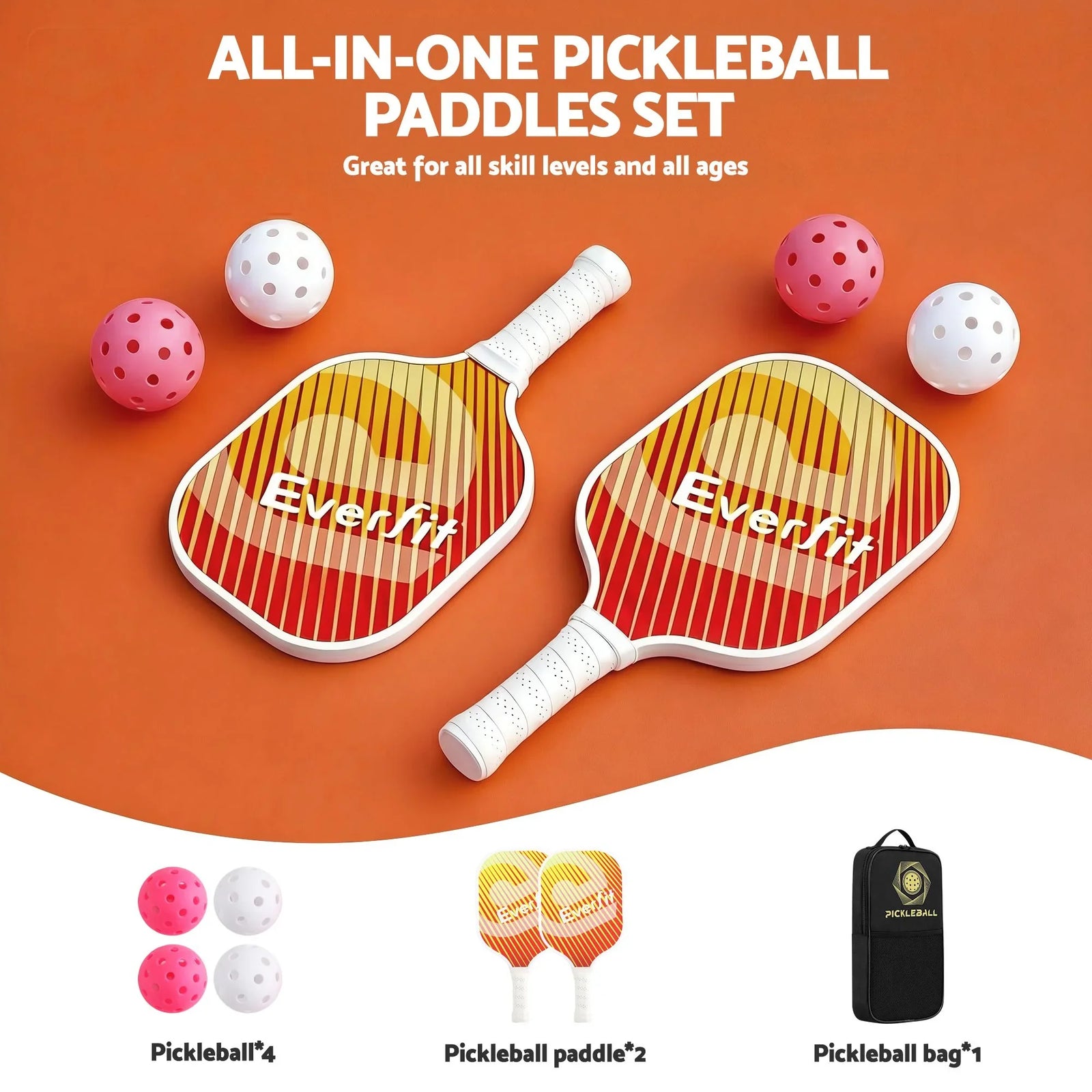 Pickleball Paddle Set Fibreglass Racquet Honeycomb Core With Bag Orange