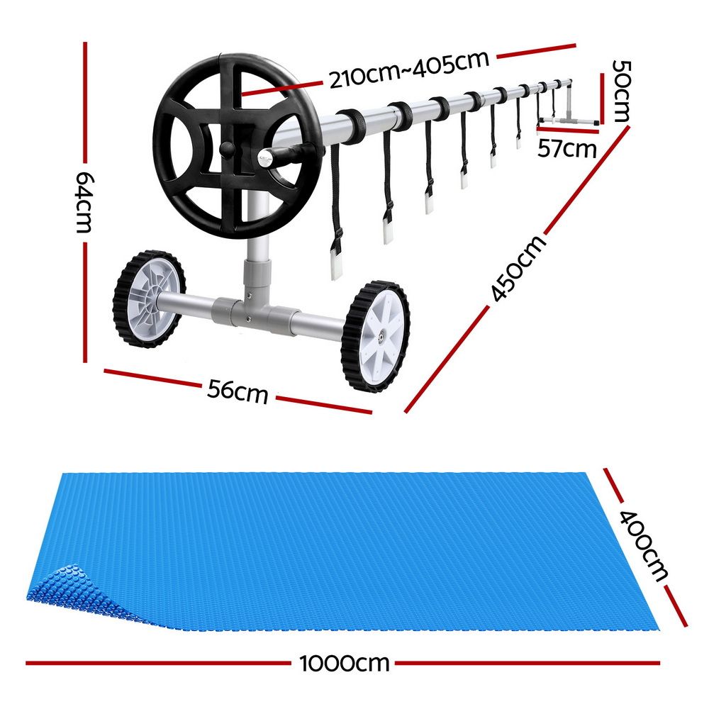 10x4M Solar Pool Cover and Adjustable Aluminium Pool Roller Set