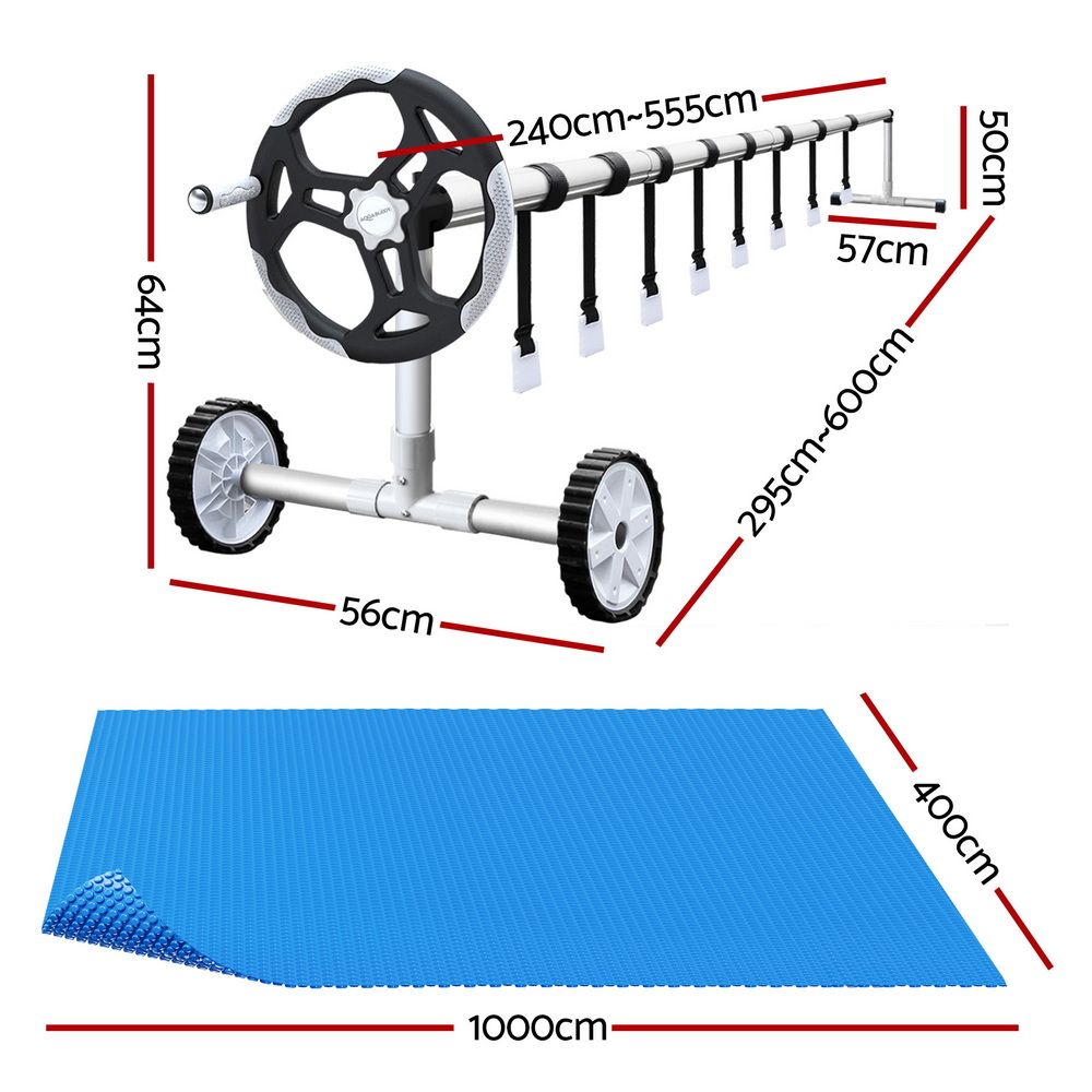 10x4M Solar Pool Cover with Adjustable Aluminium Pool Roller Set
