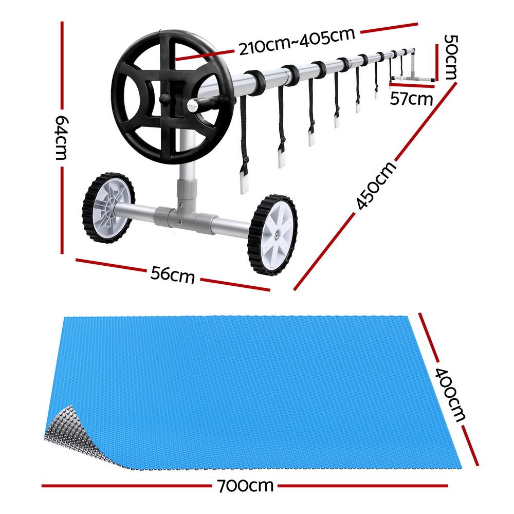 7x4M Solar Pool Cover with Adjustable Aluminium Pool Roller Reel Set