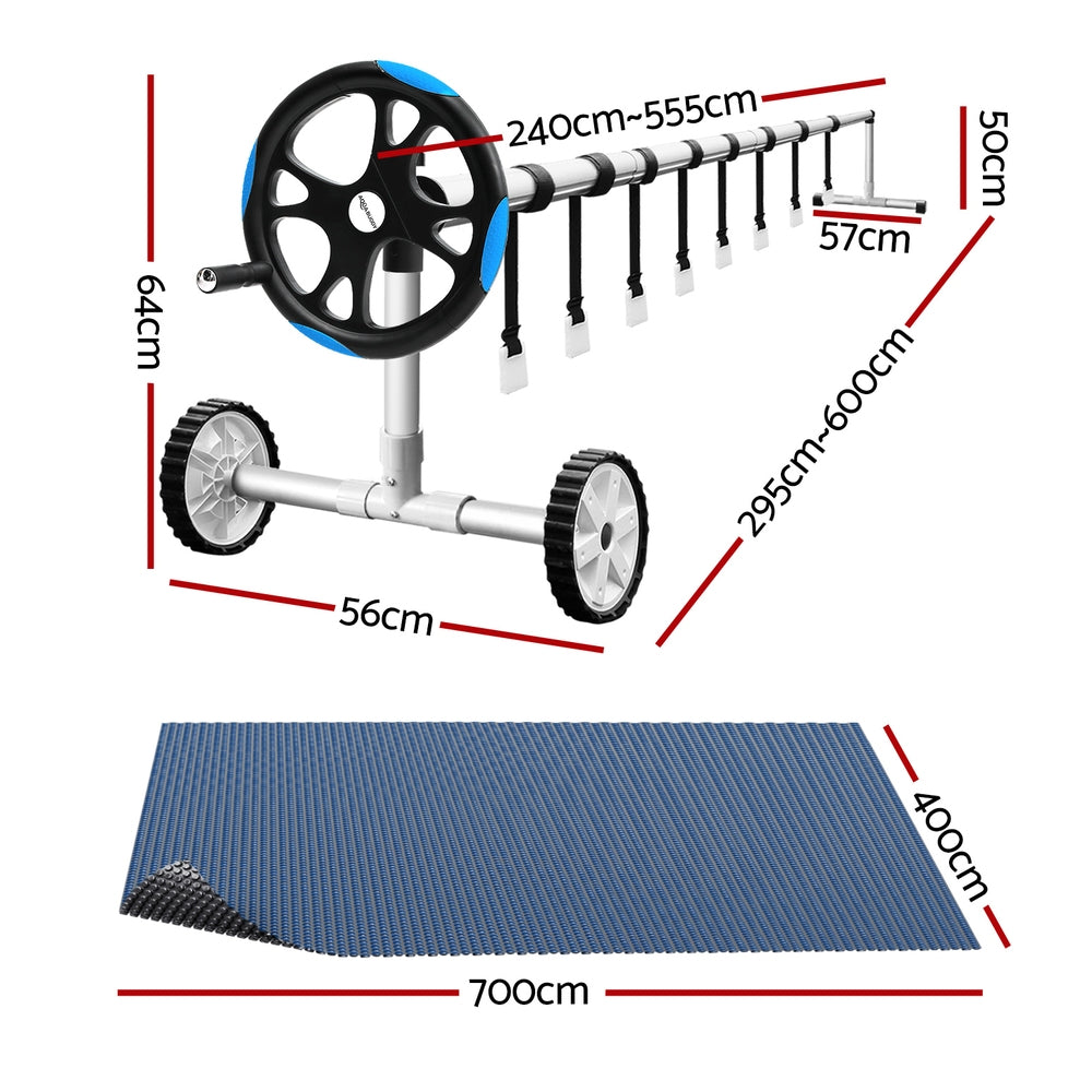 Pool Cover 7x4m 600 Micron w/ Roller 5.55m Black Solar Blanket