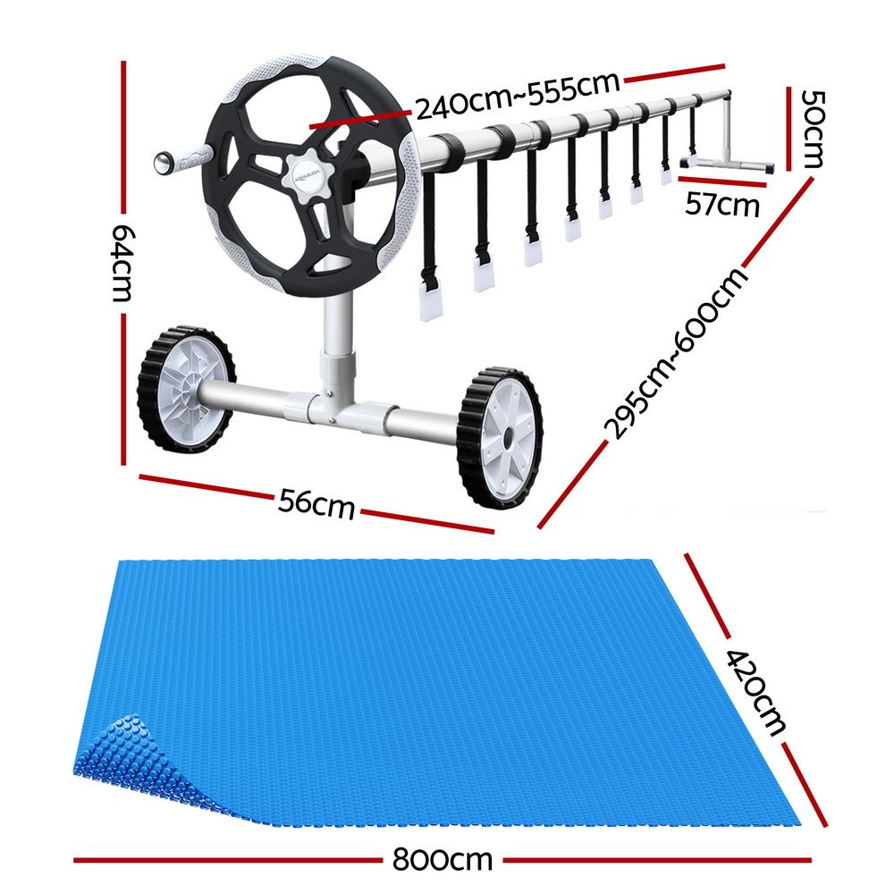 8x4.2m Solar Pool Cover & Aluminium Pool Roller Reel Set Blue