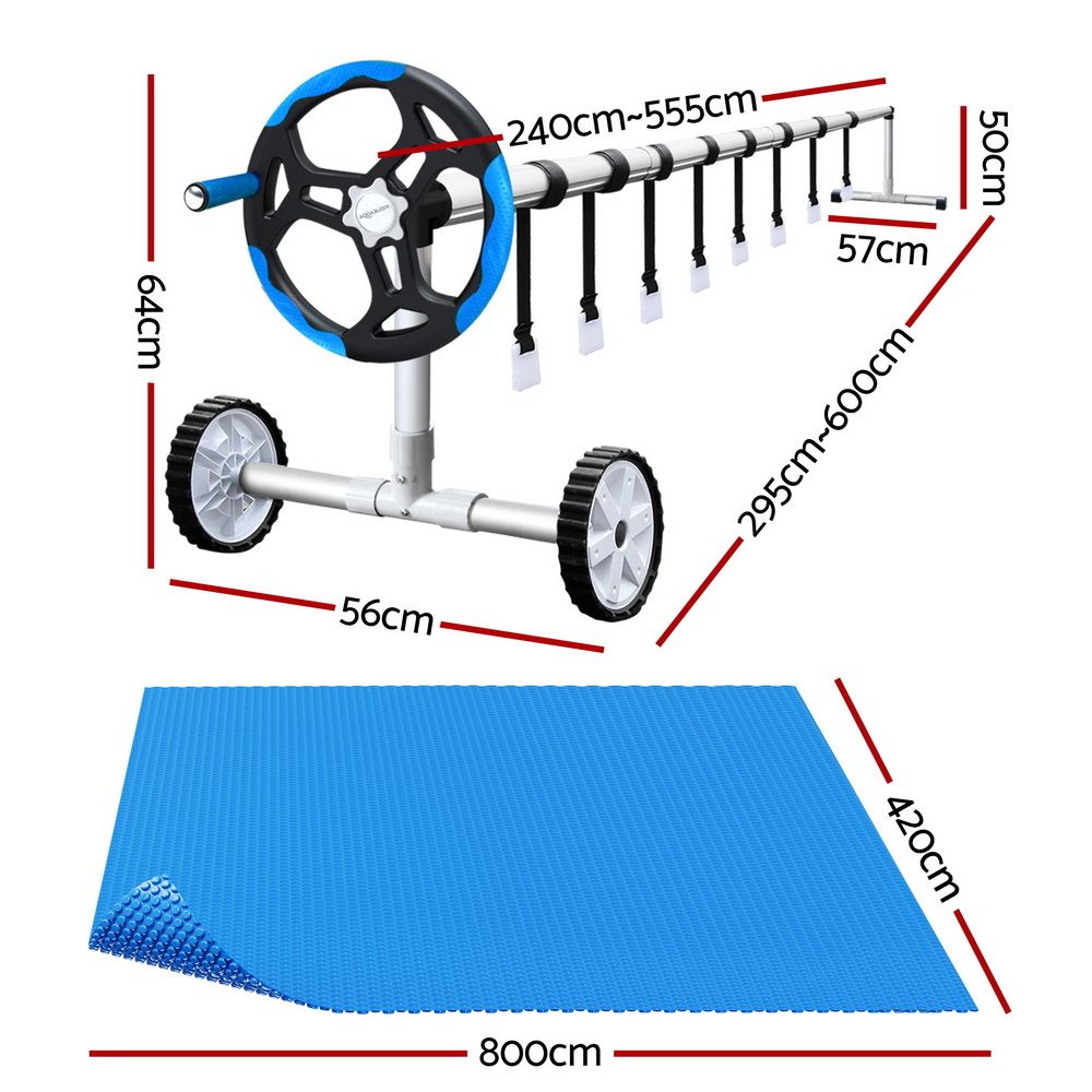 8x4.2m Pool Solar Cover 500 Micron Blue with Adjustable Aluminium Roller