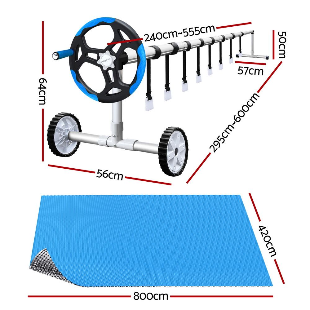 Pool Cover 500 Micron 8x4.2m Silver Swimming Pool Solar Blanket 5.5m Blue Roller