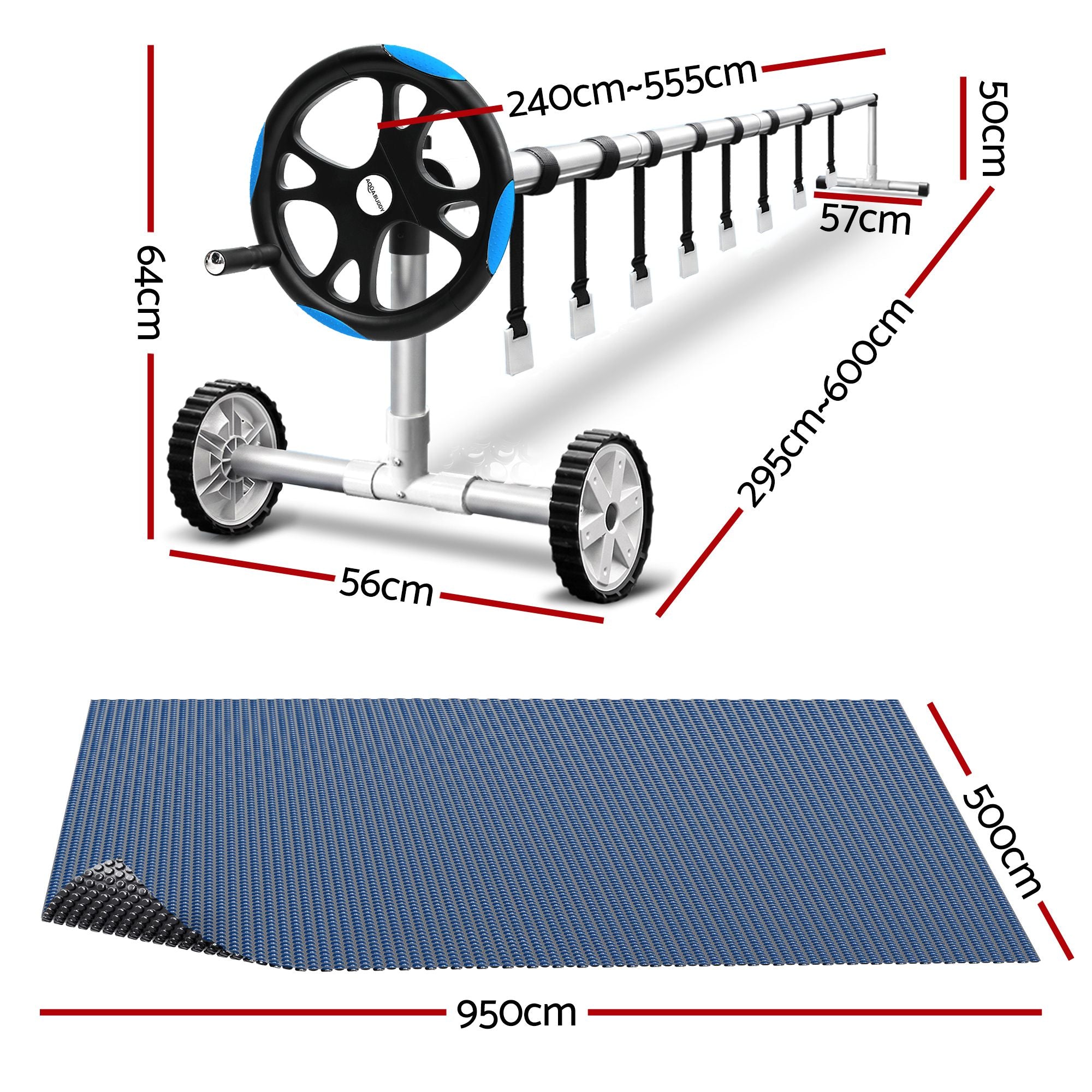 Pool Cover 500 Micron 9.5x5m with Blue Roller Solar Blanket Black Combo