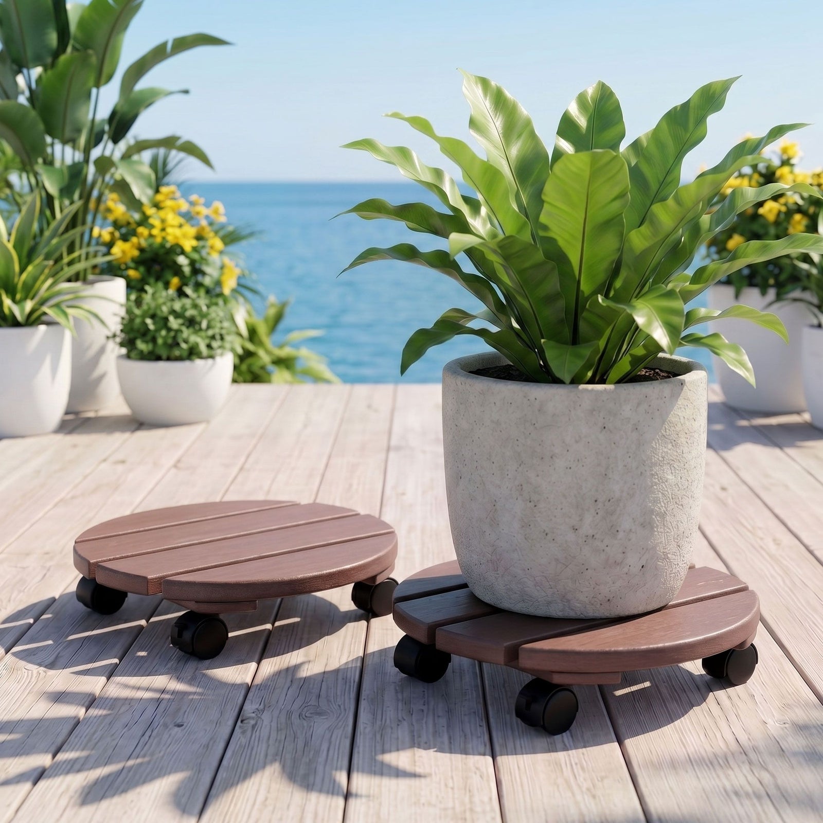 2‑Pack Plant Caddy – HDPE Rolling Pot Stand w/ Lockable Wheels, Brown