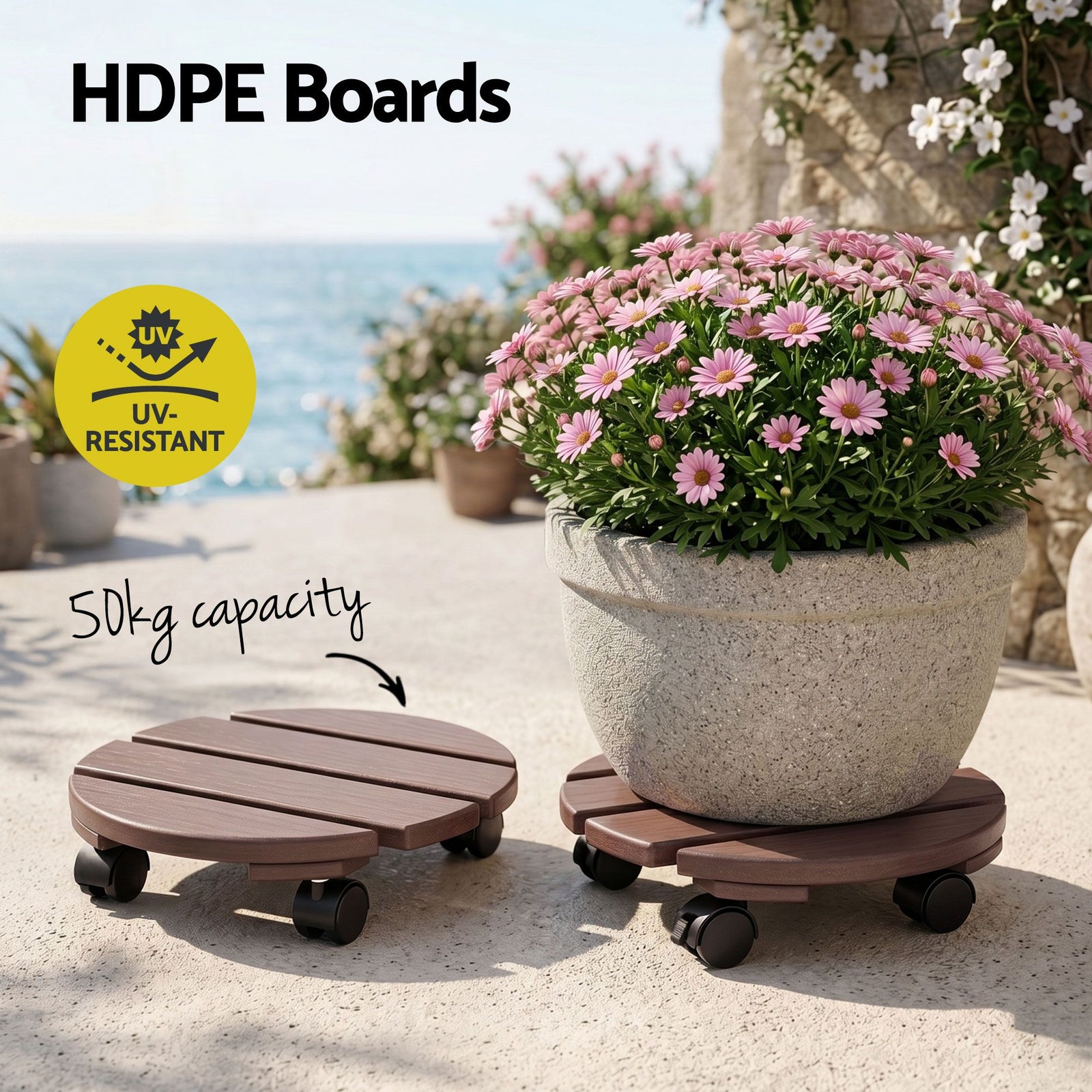2‑Pack Plant Caddy – HDPE Rolling Pot Stand w/ Lockable Wheels, Brown