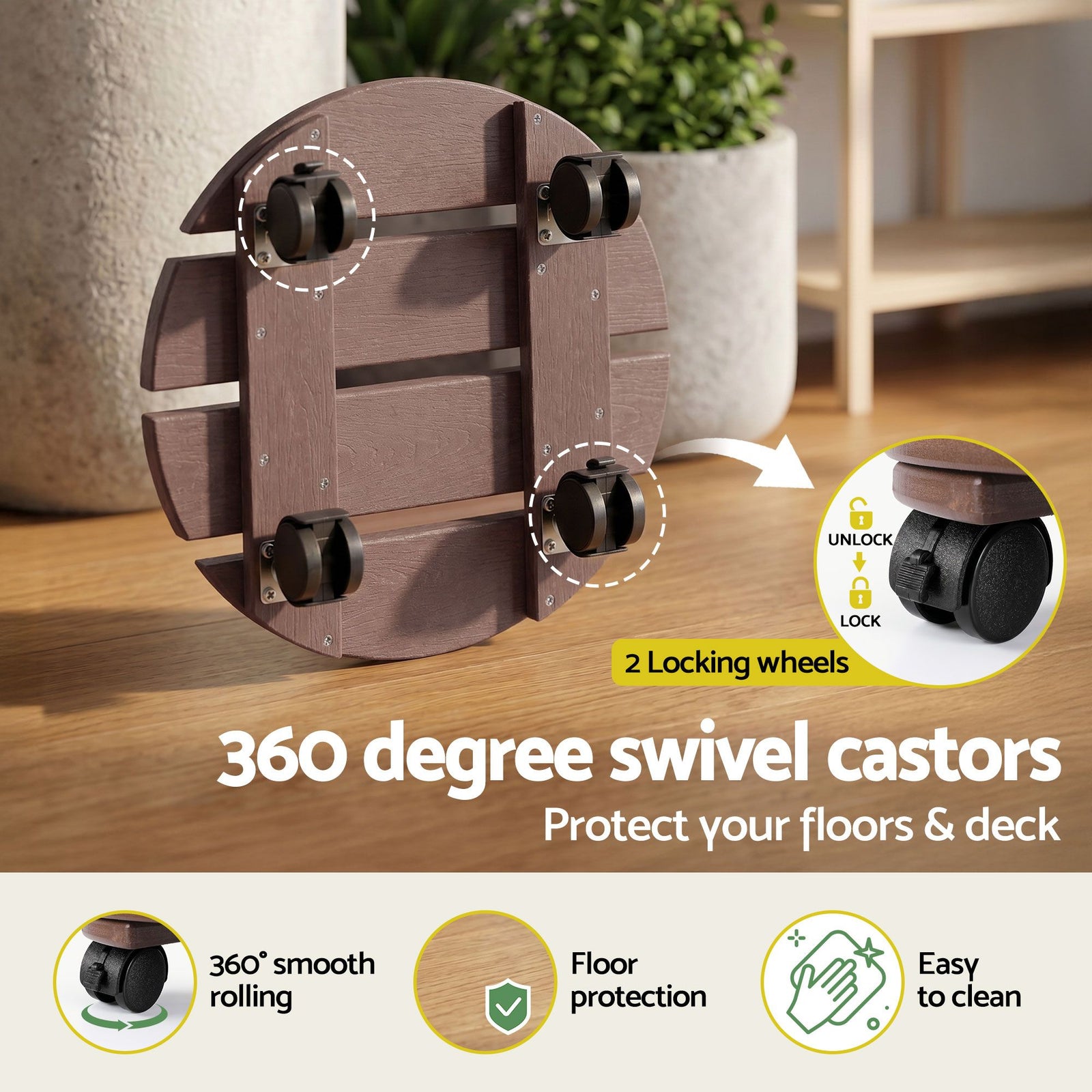 2‑Pack Plant Caddy – HDPE Rolling Pot Stand w/ Lockable Wheels, Brown