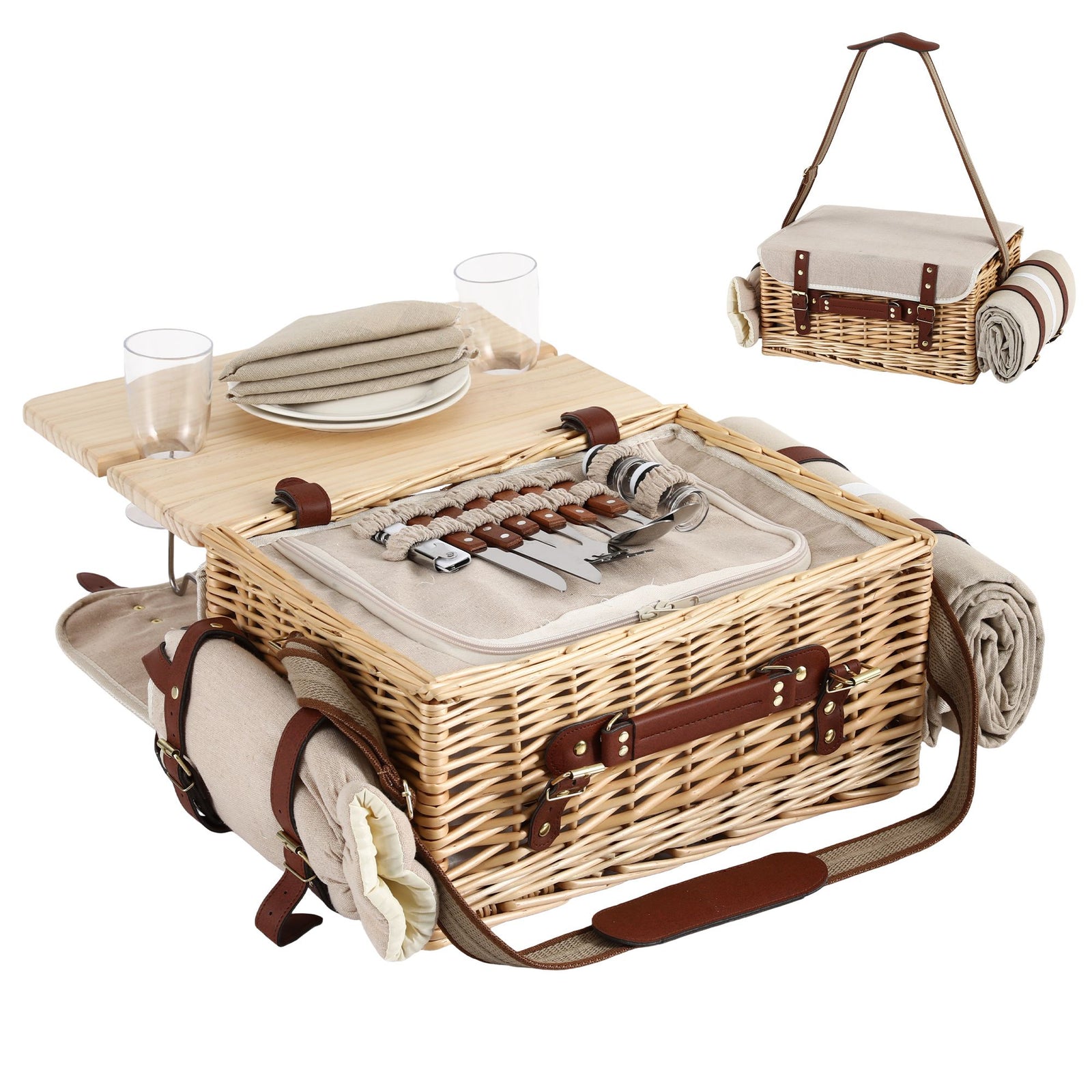 2 Person Insulated Picnic Basket Set with Foldable Wood Table Mat