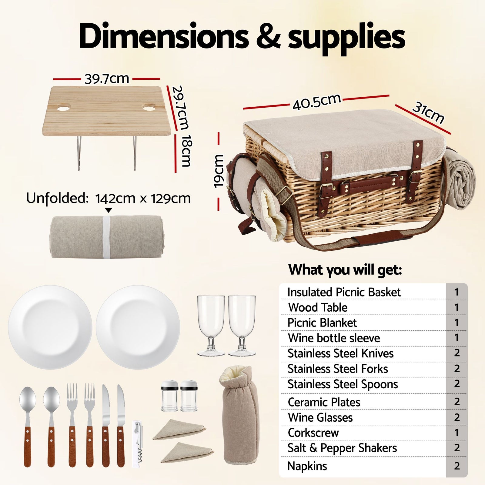 2 Person Insulated Picnic Basket Set with Foldable Wood Table Mat