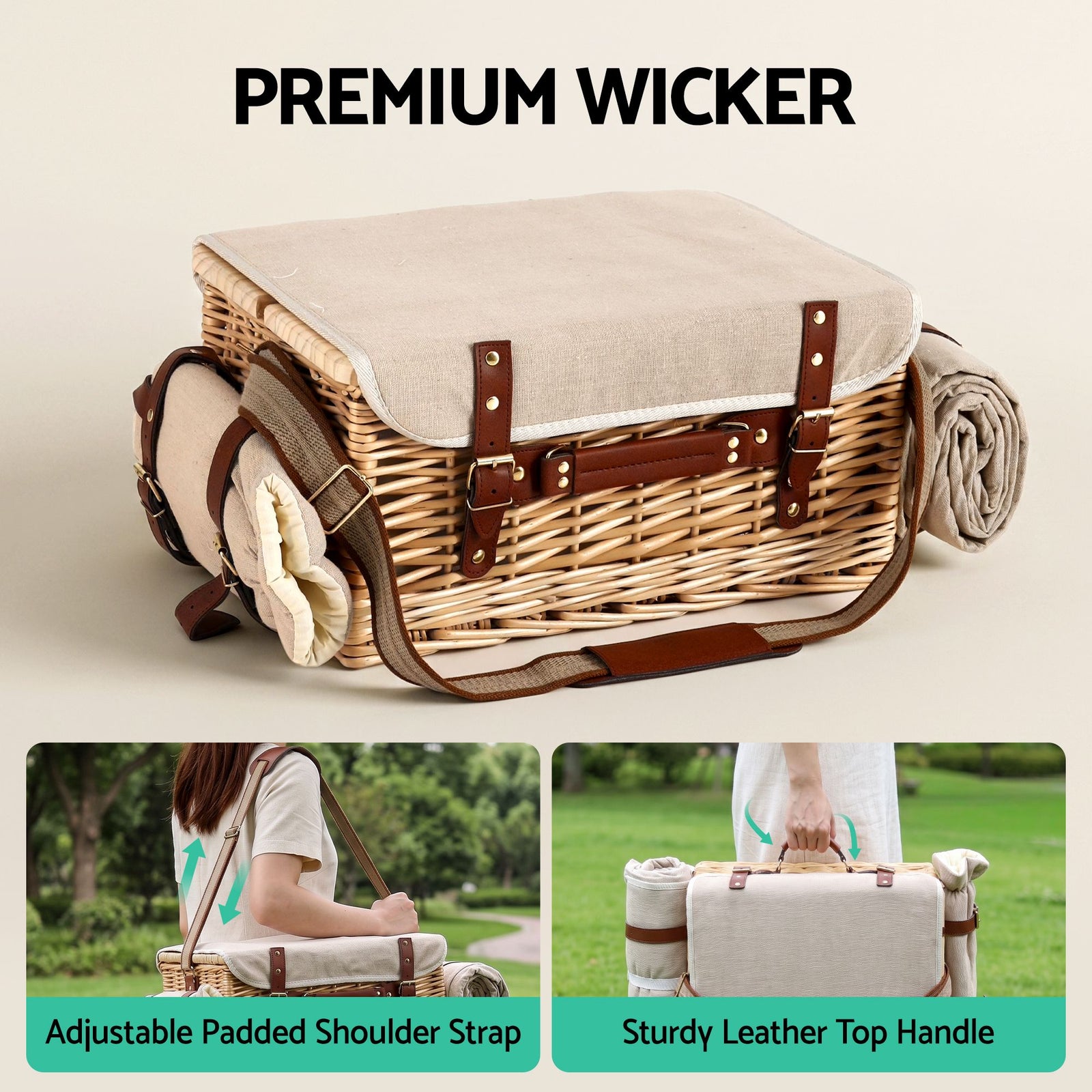 2 Person Insulated Picnic Basket Set with Foldable Wood Table Mat