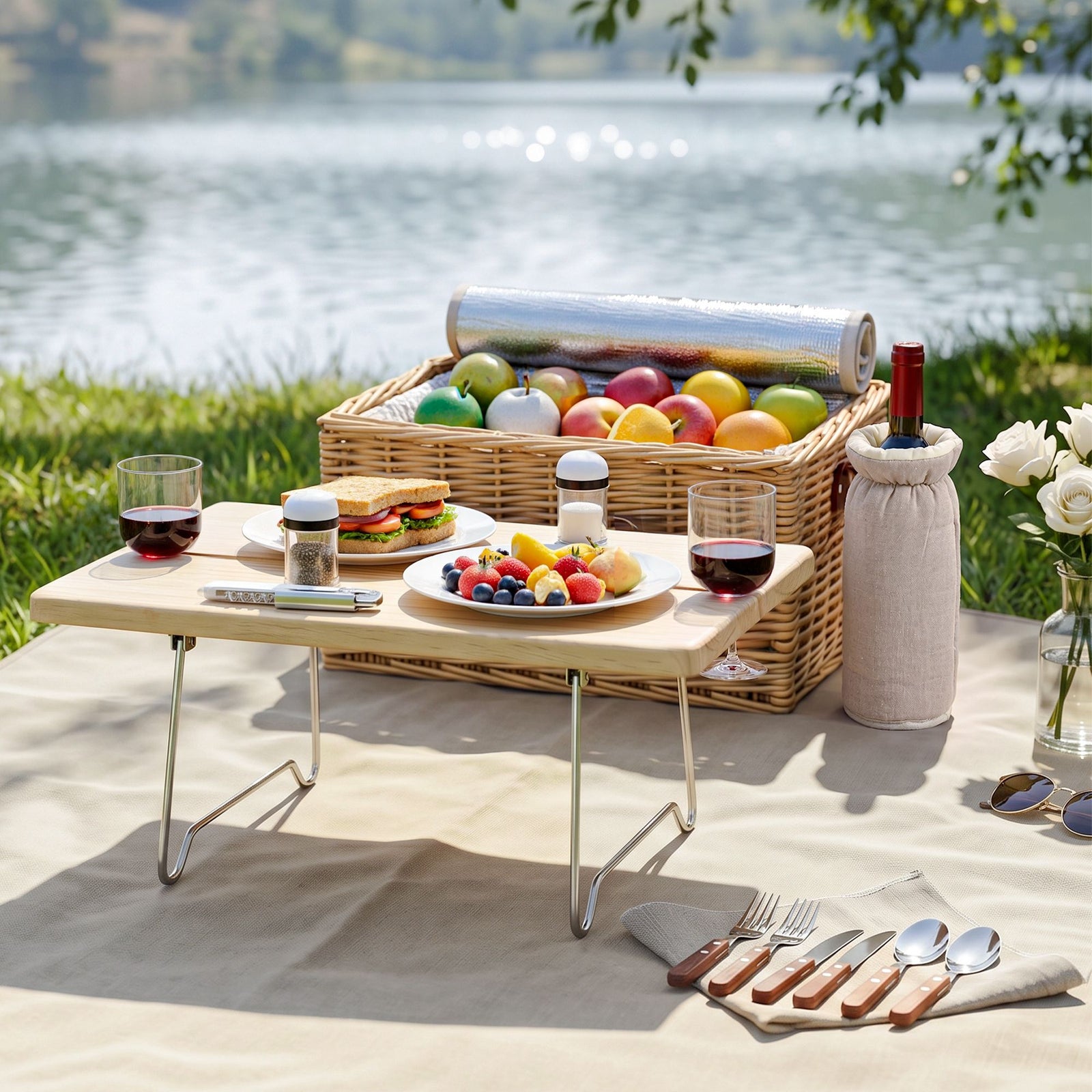 2 Person Insulated Picnic Basket Set with Foldable Wood Table Mat
