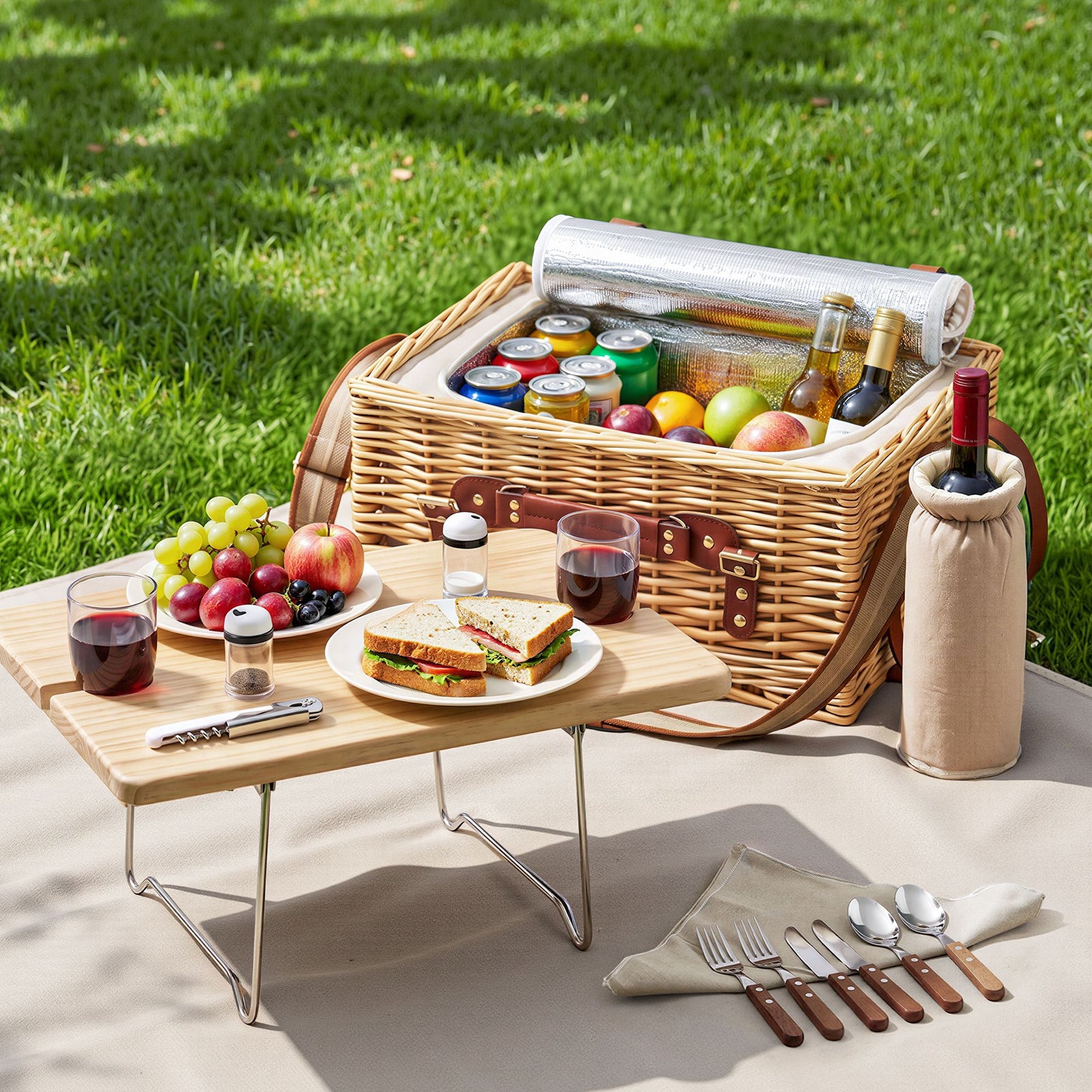 2 Person Insulated Picnic Basket Set with Foldable Wood Table Mat
