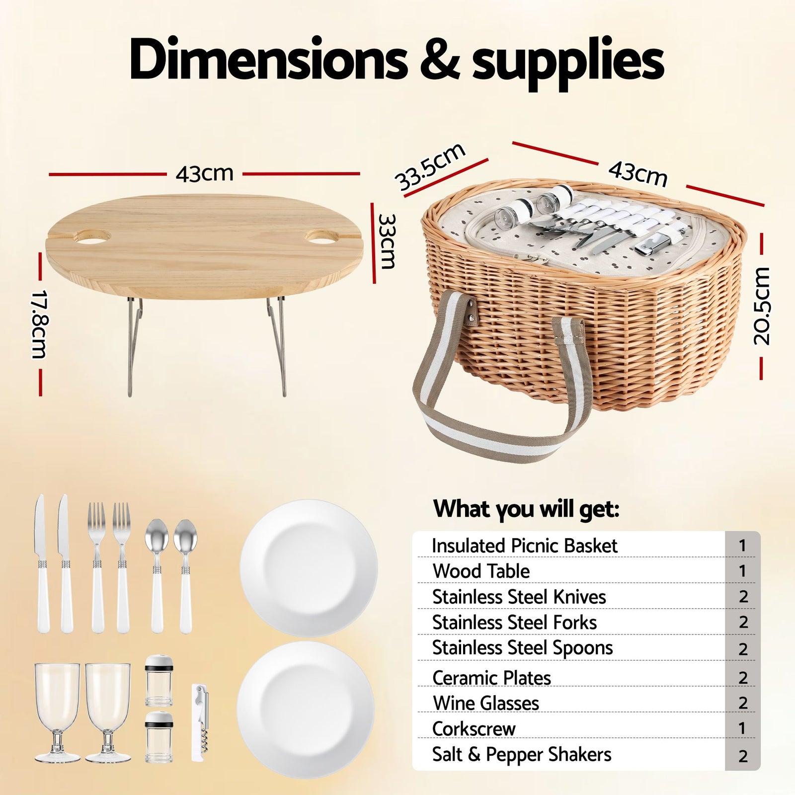 2 Person Insulated Picnic Basket Set with Foldable Wood Table