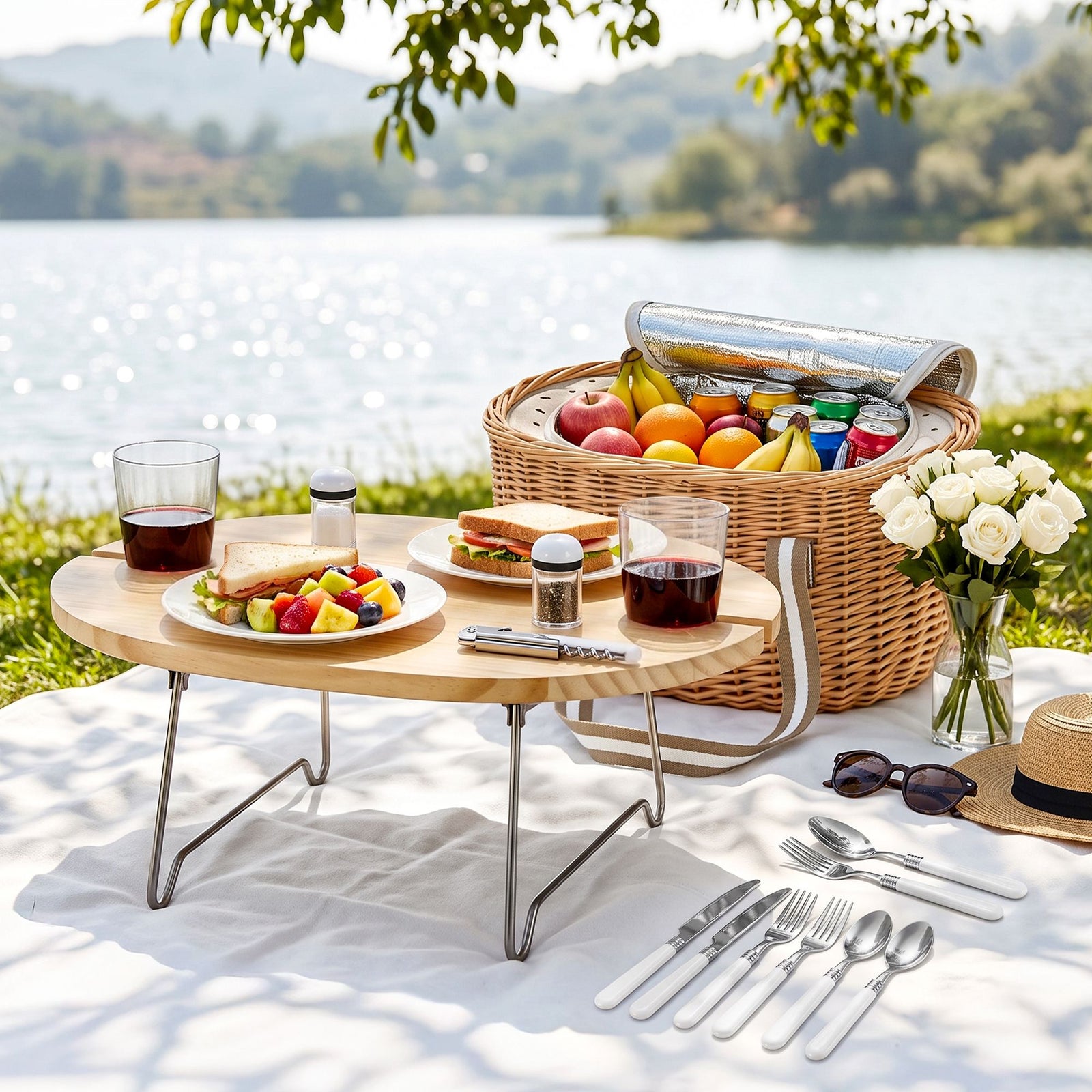2 Person Insulated Picnic Basket Set with Foldable Wood Table