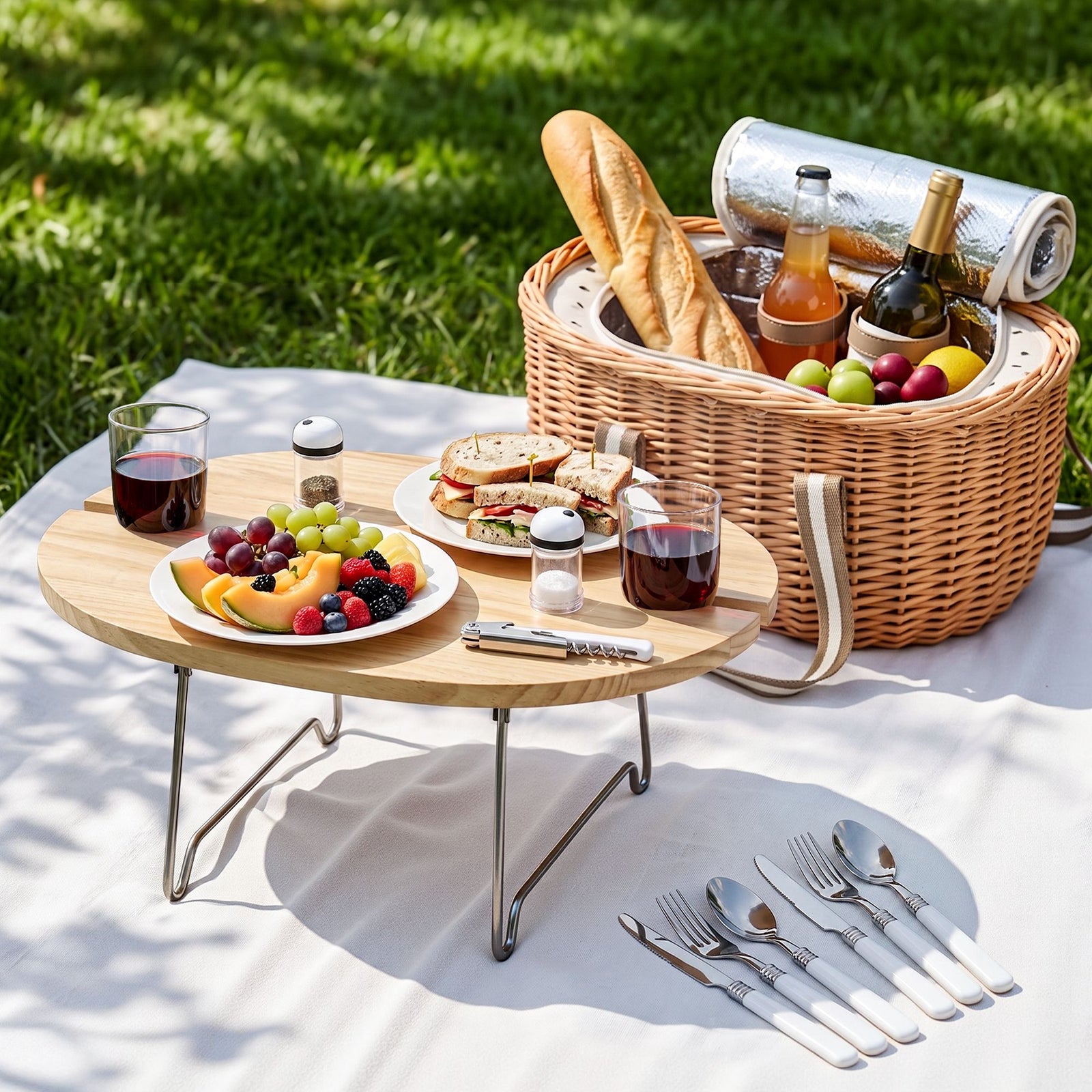 2 Person Insulated Picnic Basket Set with Foldable Wood Table