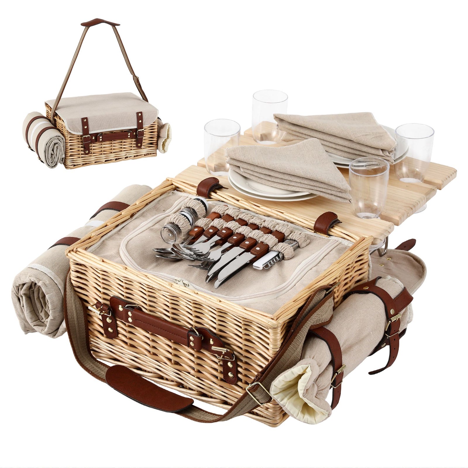 4 Person Insulated Picnic Basket Set with Foldable Wood Table Mat